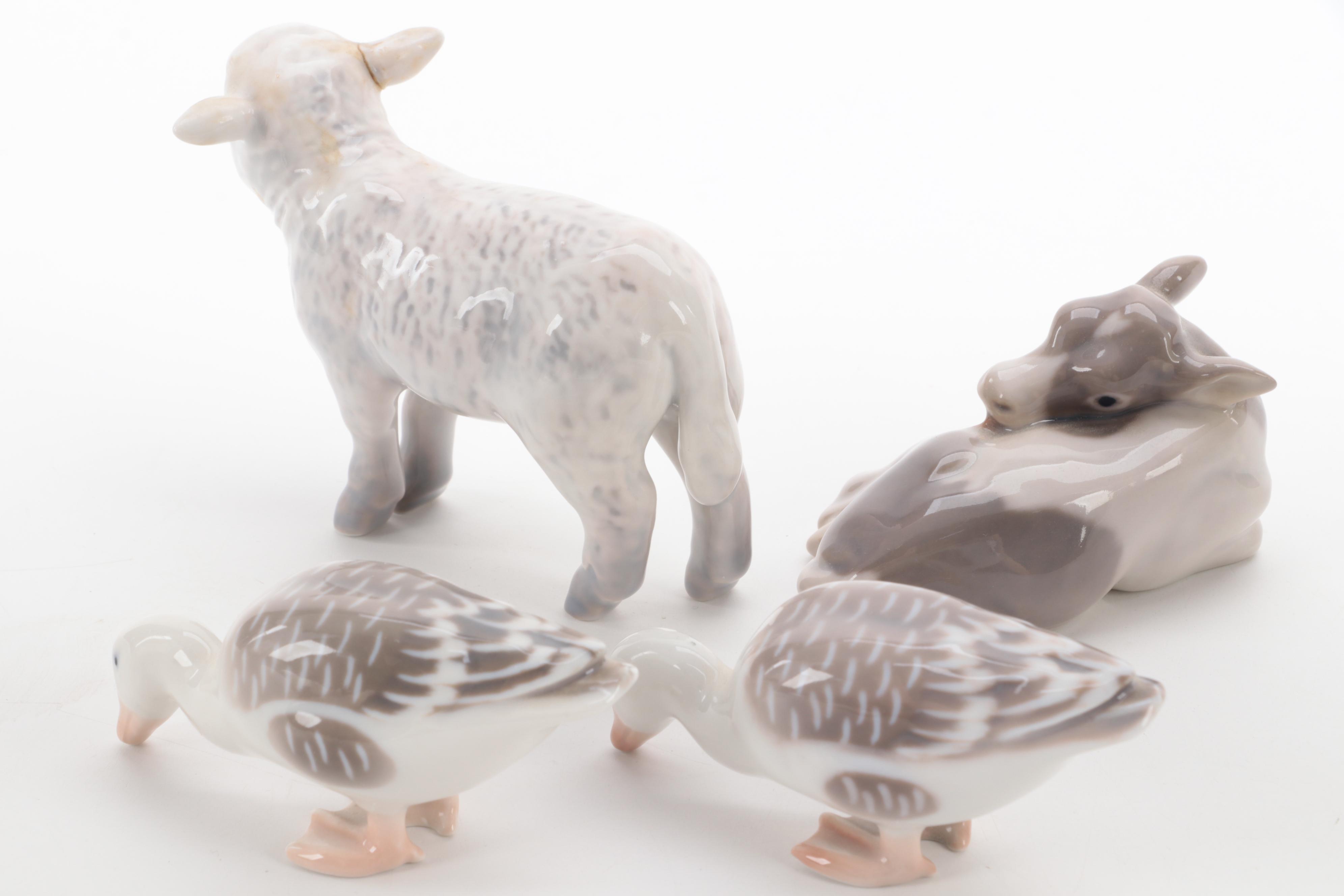 Bing & Grøndahl Porcelain Fowl, Calf, and Lamb Figurines, Mid to Late  20th C.