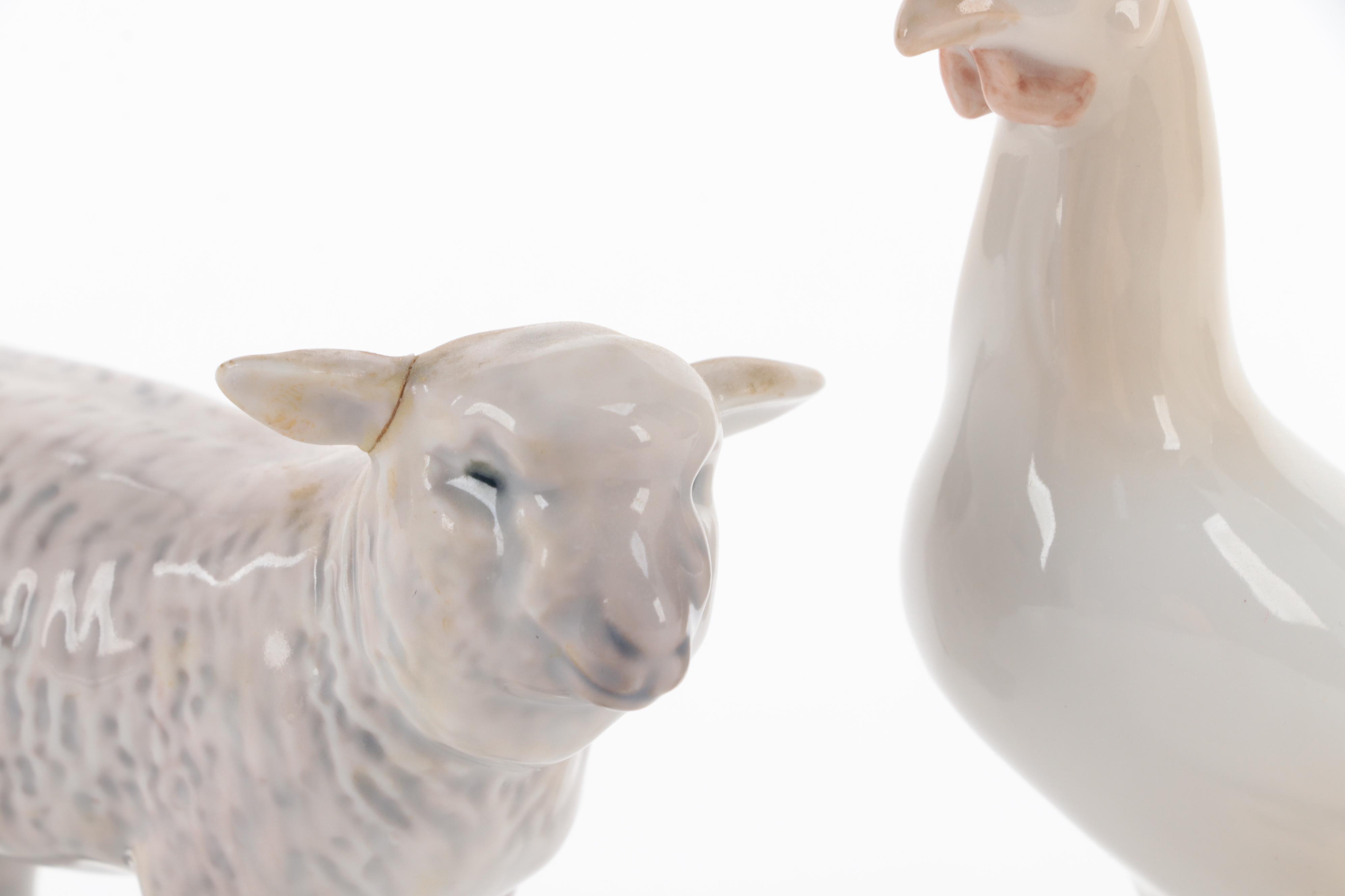 Bing & Grøndahl Porcelain Fowl, Calf, and Lamb Figurines, Mid to Late  20th C.