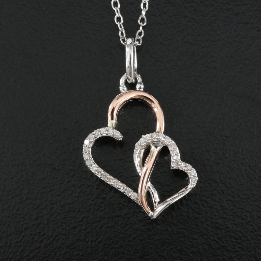 Hallmark Sterling Silver Diamond Double Heart Necklace with 14K Rose Gold Accent