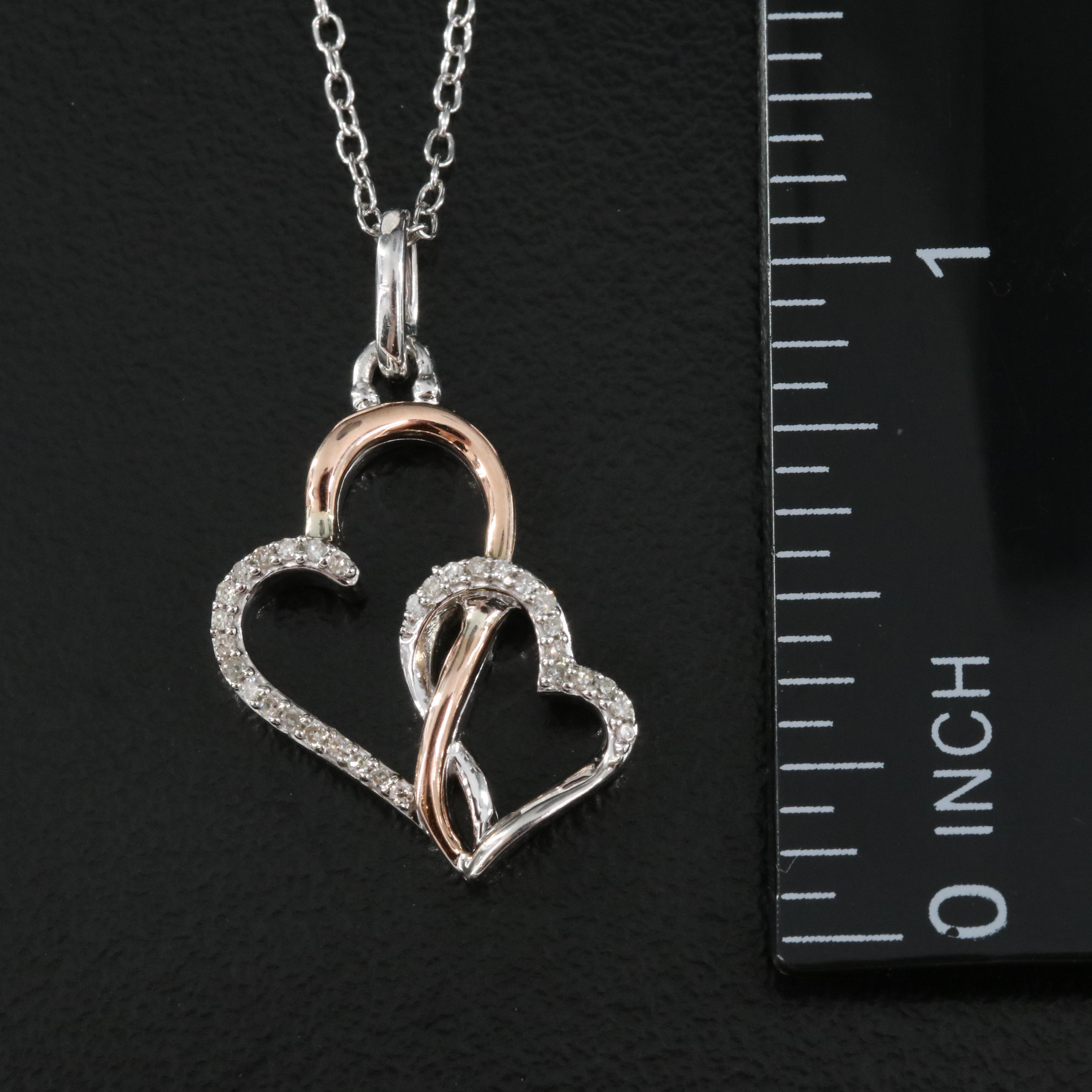 Hallmark Sterling Silver Diamond Double Heart Necklace with 14K Rose Gold Accent