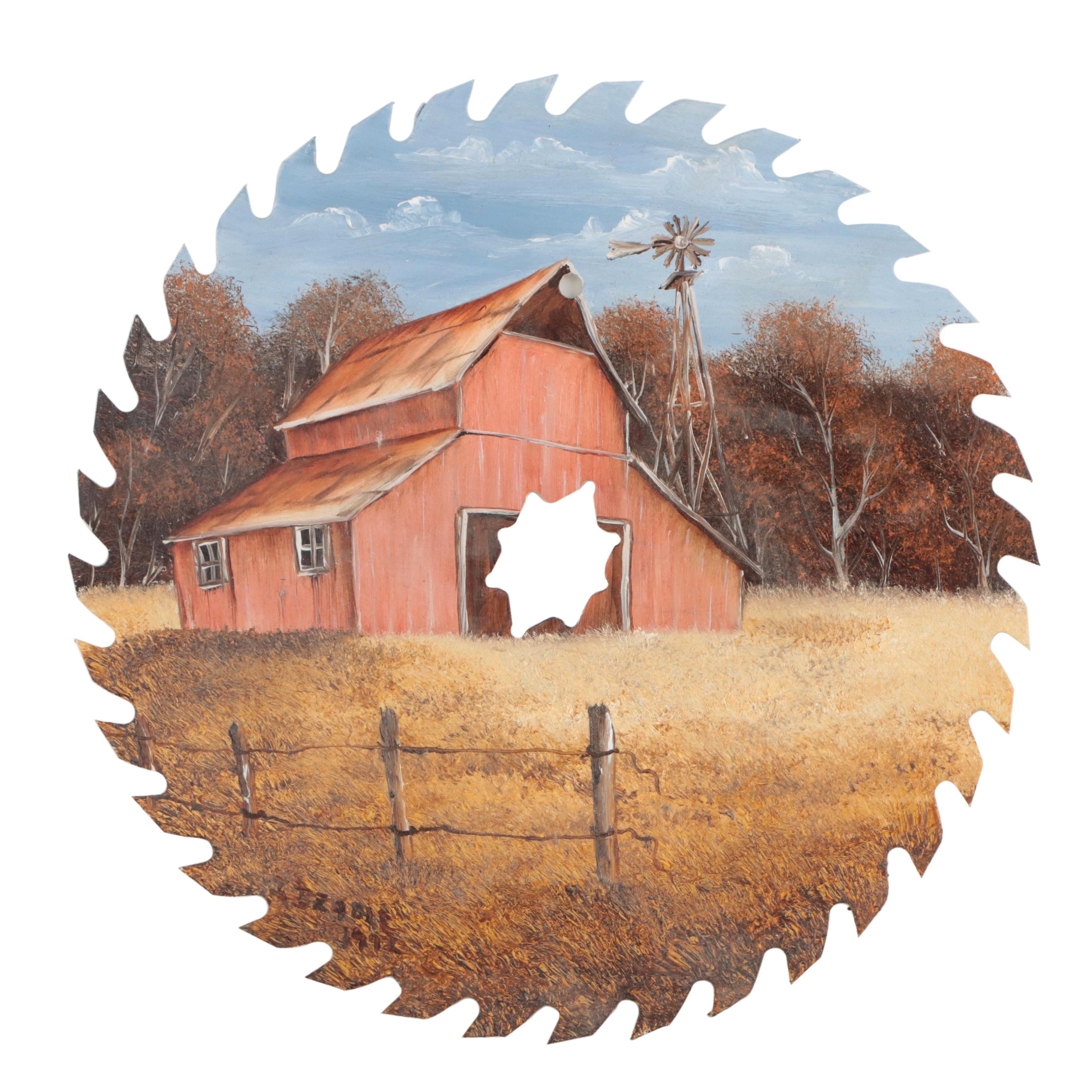 Folk Art Farm Scene Oil Paintings on Saw Blades