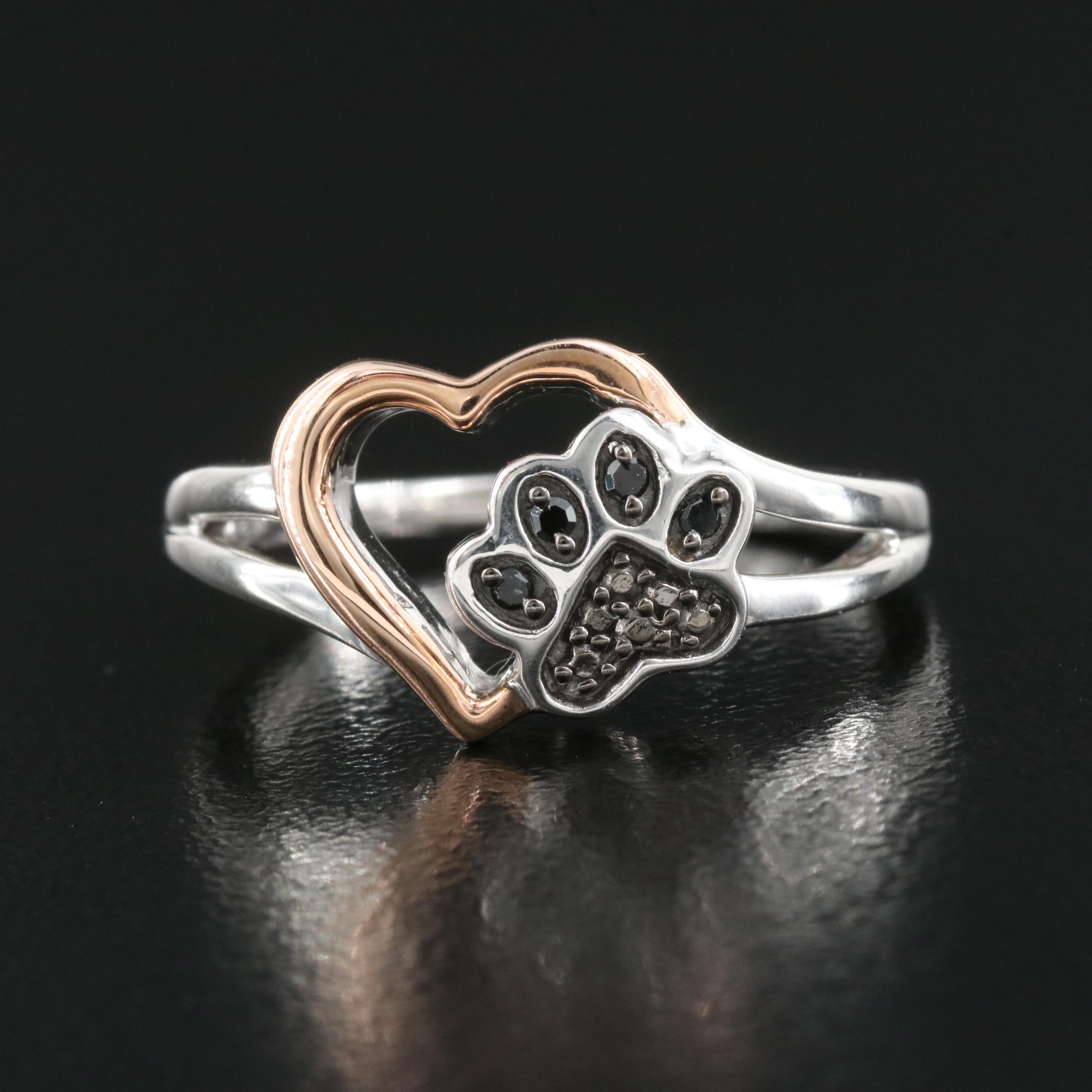 Sterling Silver Diamond Paw Print Ring with 10K Rose Gold Accent
