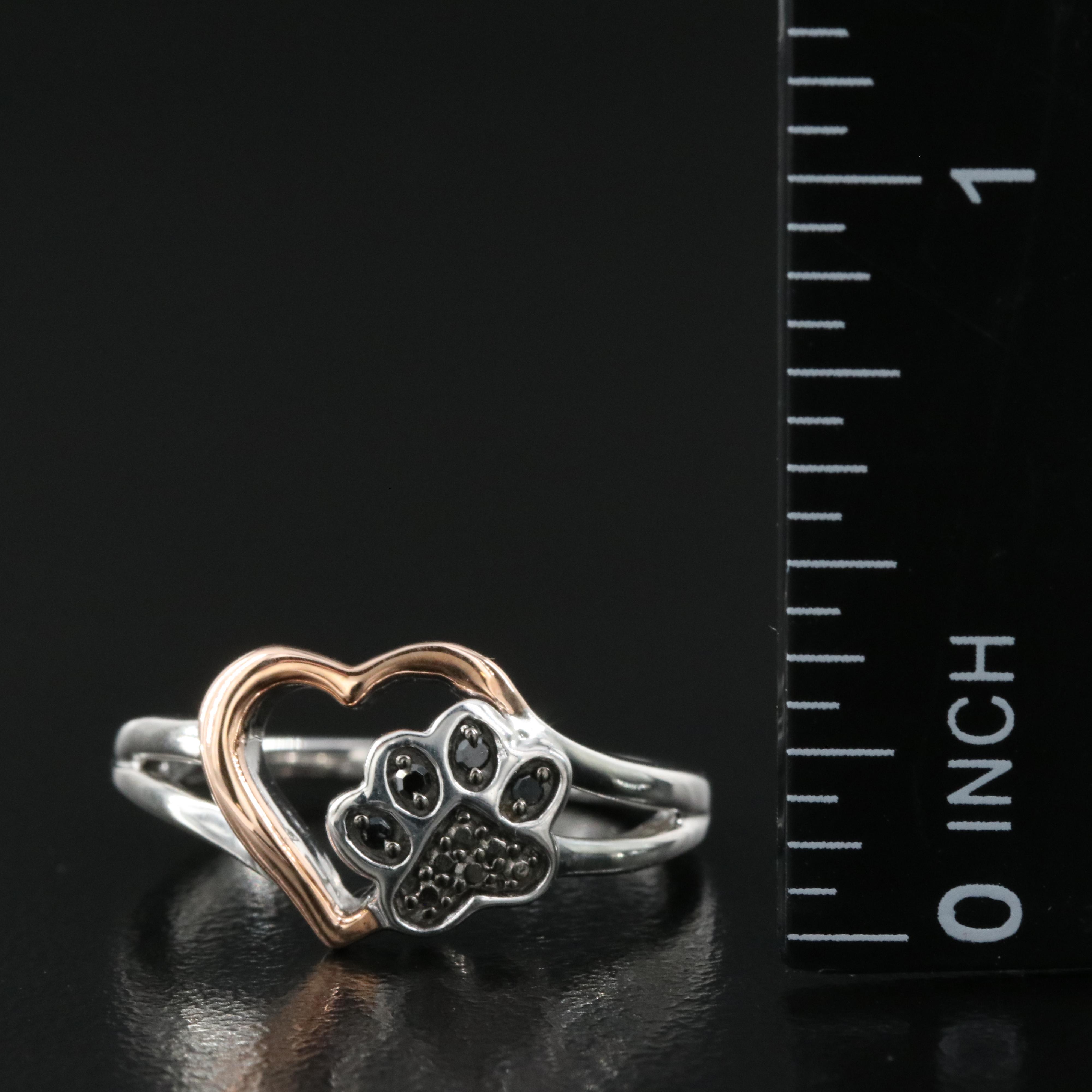 Sterling Silver Diamond Paw Print Ring with 10K Rose Gold Accent