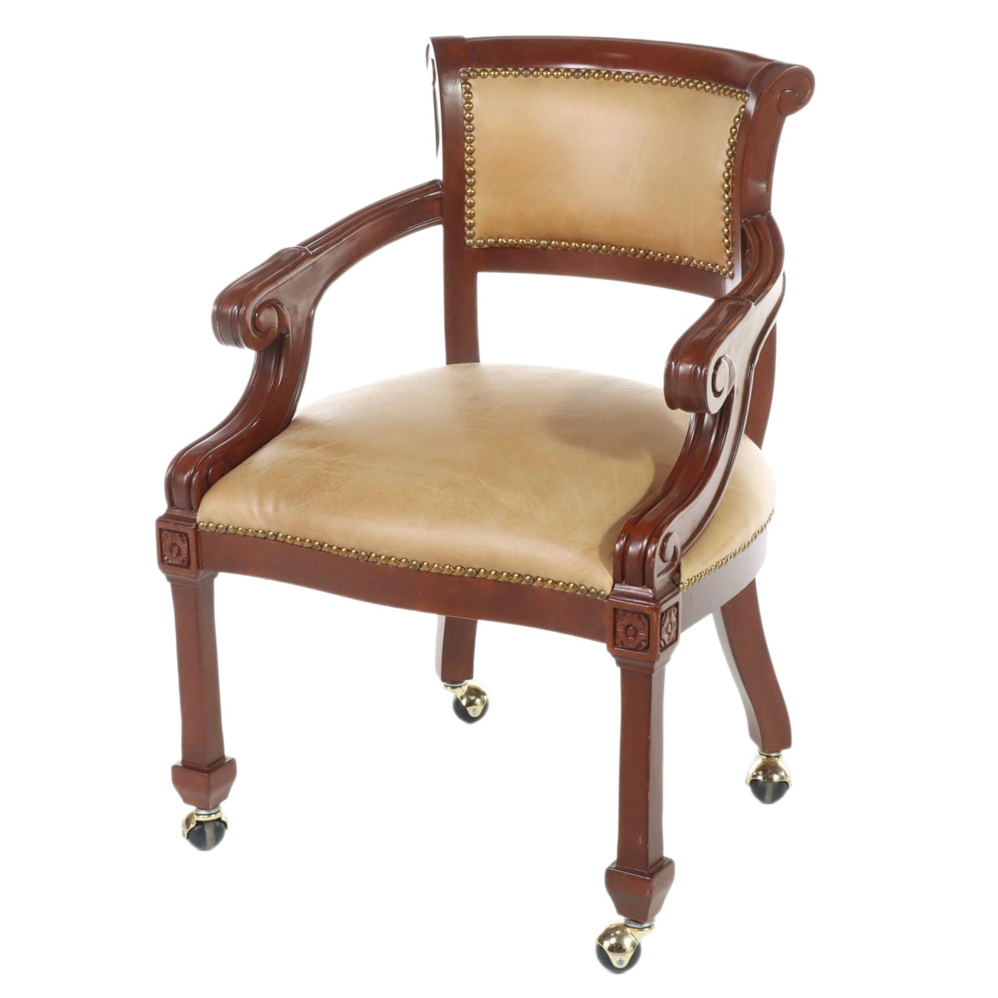 Contemporary Italian Walnut-Stained and Brass-Tacked Leather Rolling Armchair