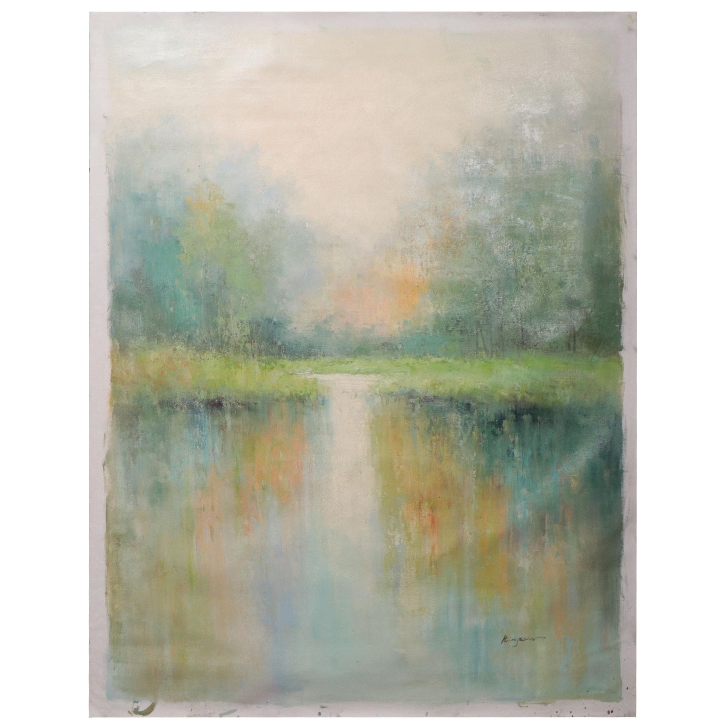Kingston Impressionist Style Pond Landscape Oil Painting, 21st Century