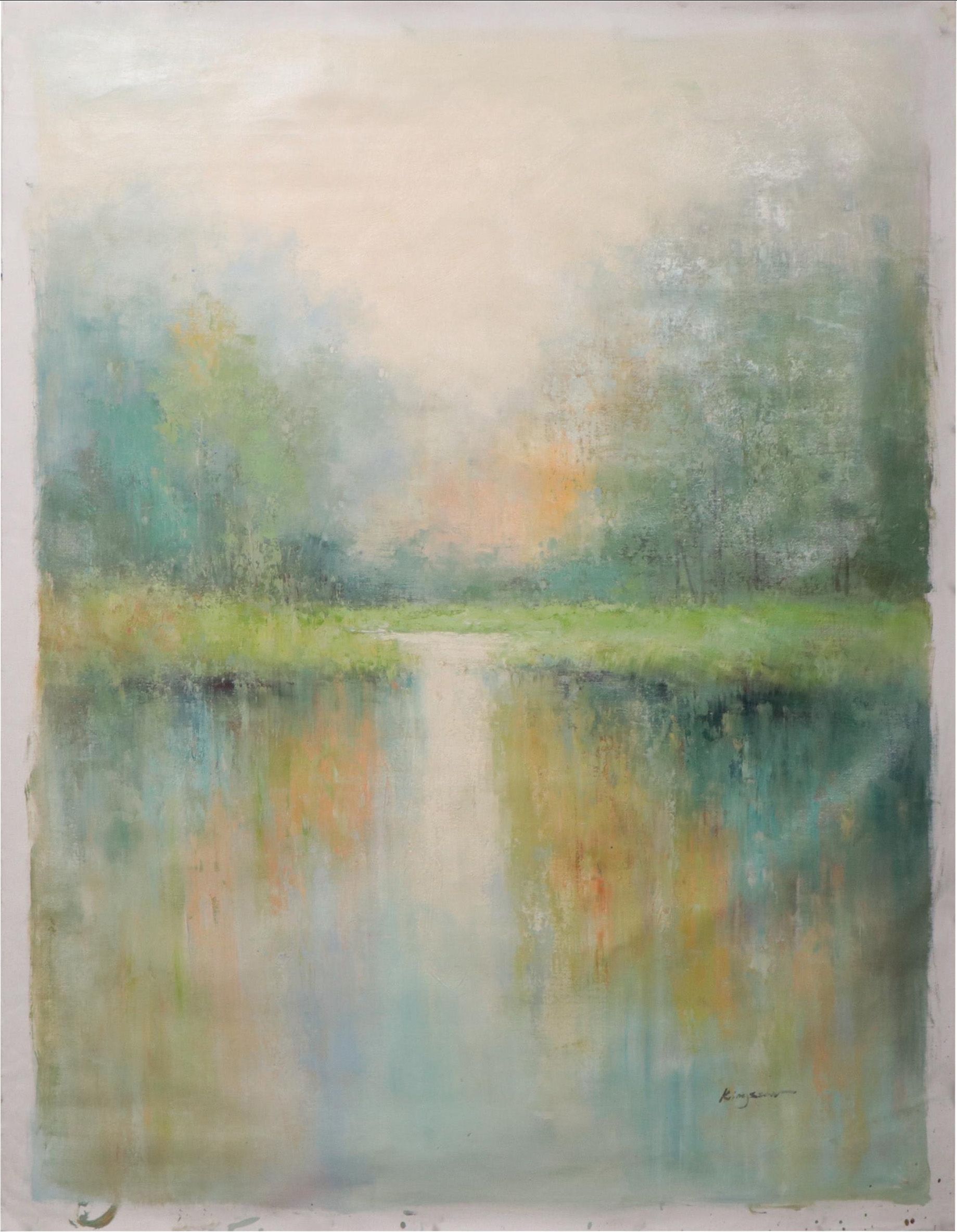 Kingston Impressionist Style Pond Landscape Oil Painting, 21st Century