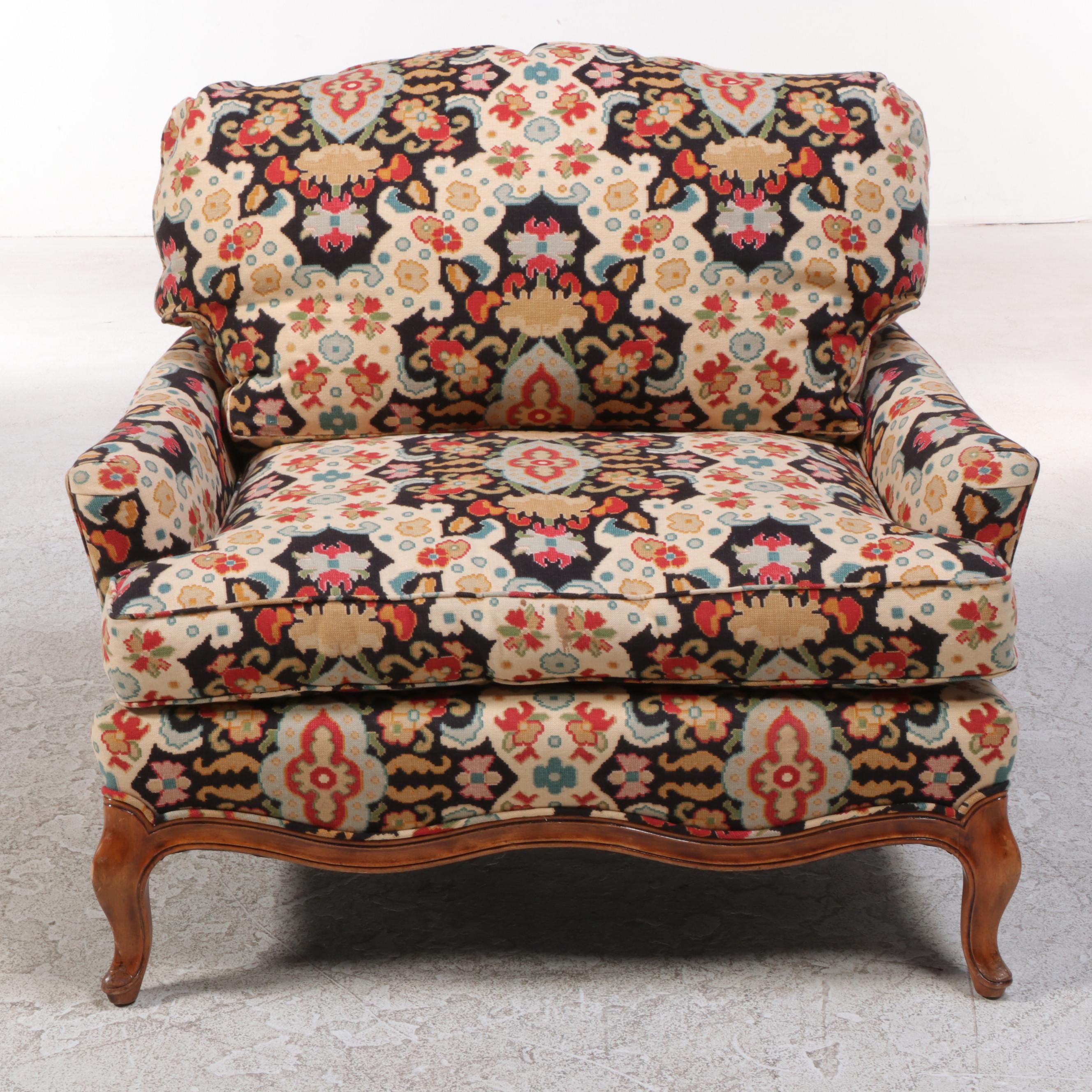 French Provincial Style Walnut and Custom-Upholstered Bergère, 20th Century