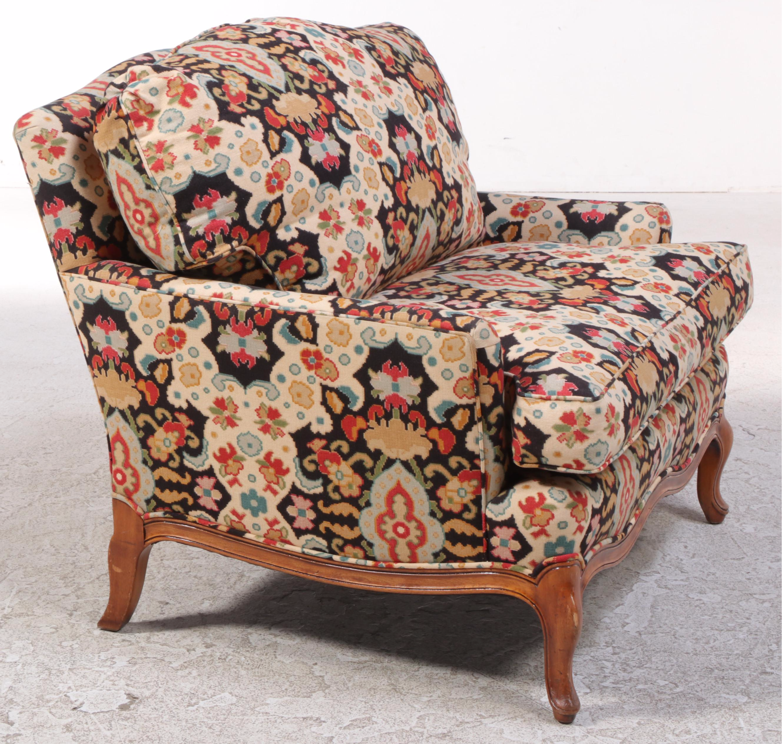 French Provincial Style Walnut and Custom-Upholstered Bergère, 20th Century