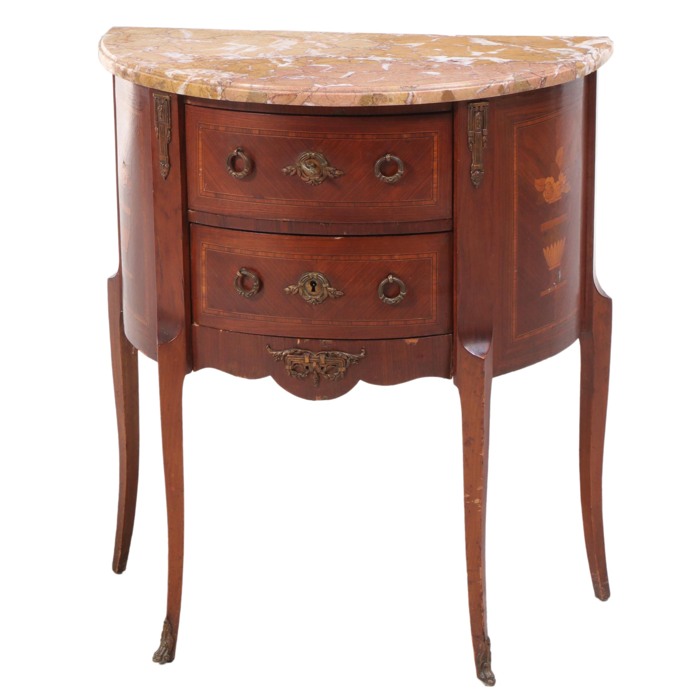 Colby's Louis XV Style Marquetry and Marble Top Demilune Commode