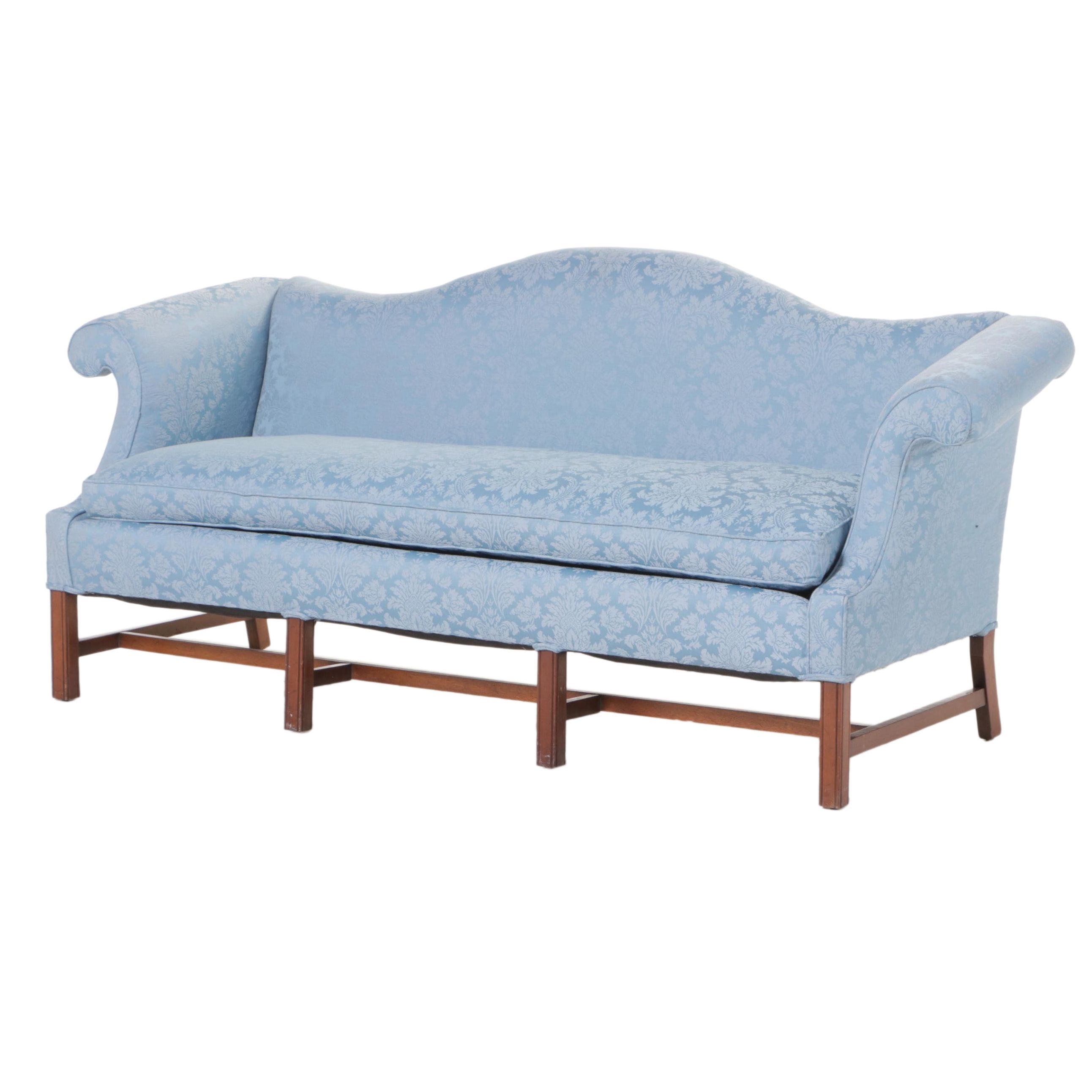 Chippendale Style Mahogany and Custom-Upholstered Camel-Back Sofa, 20th Century