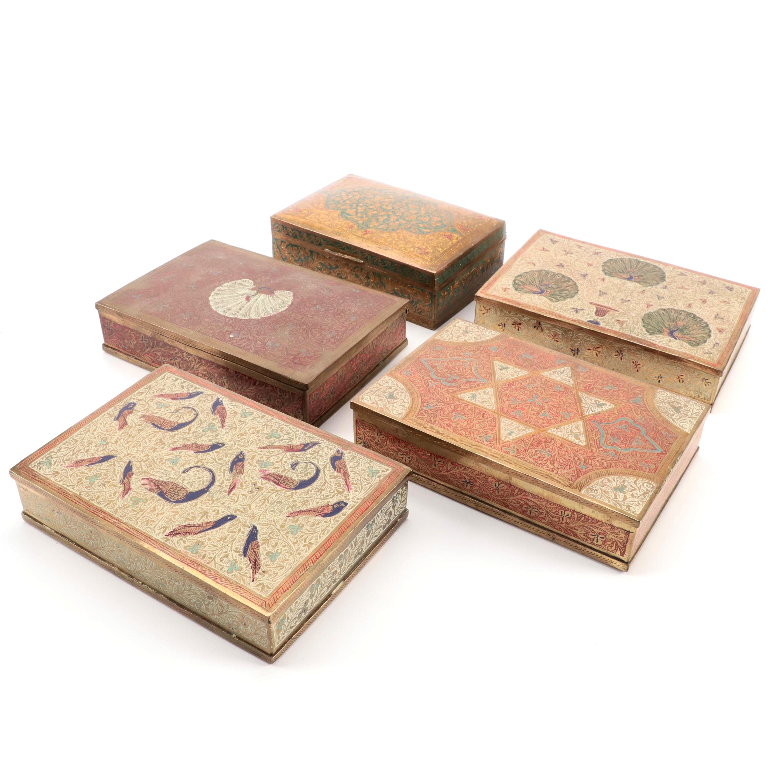 Indo-Persian Brass Etched and Enameled Boxes