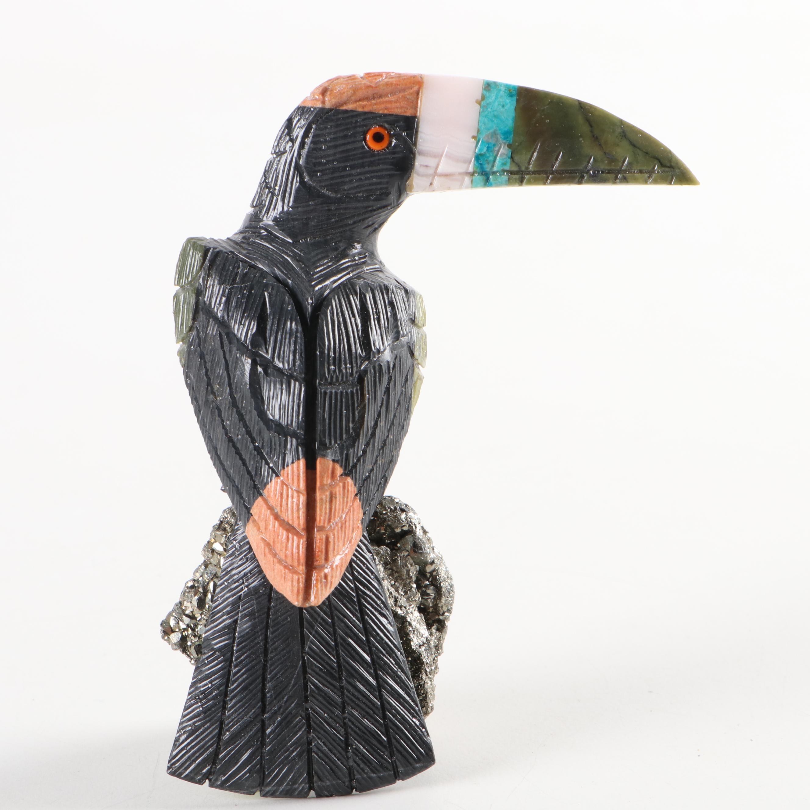 Peruvian Hand-Carved Stone Toucan, Parrots, and Cockatoo Figurines