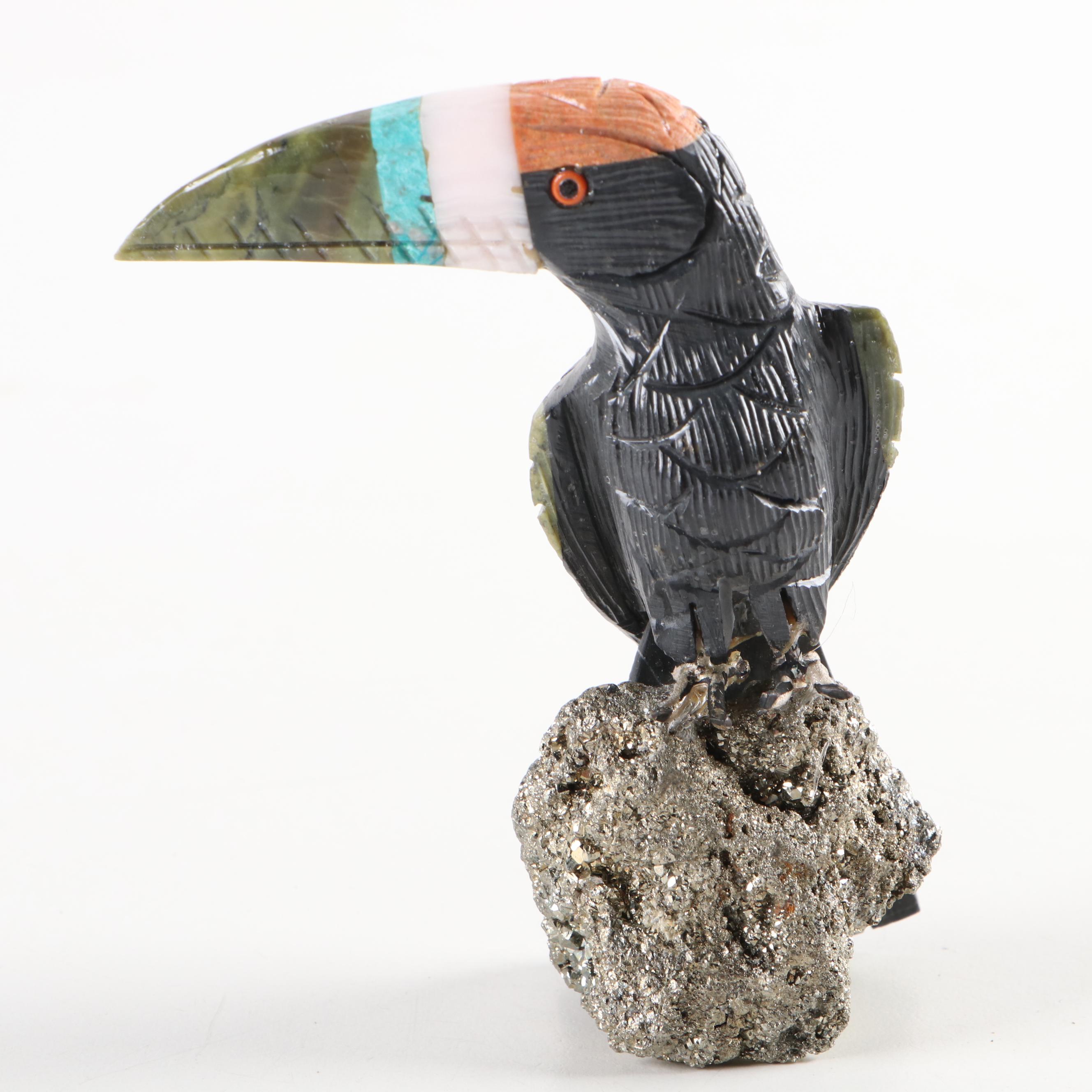 Peruvian Hand-Carved Stone Toucan, Parrots, and Cockatoo Figurines