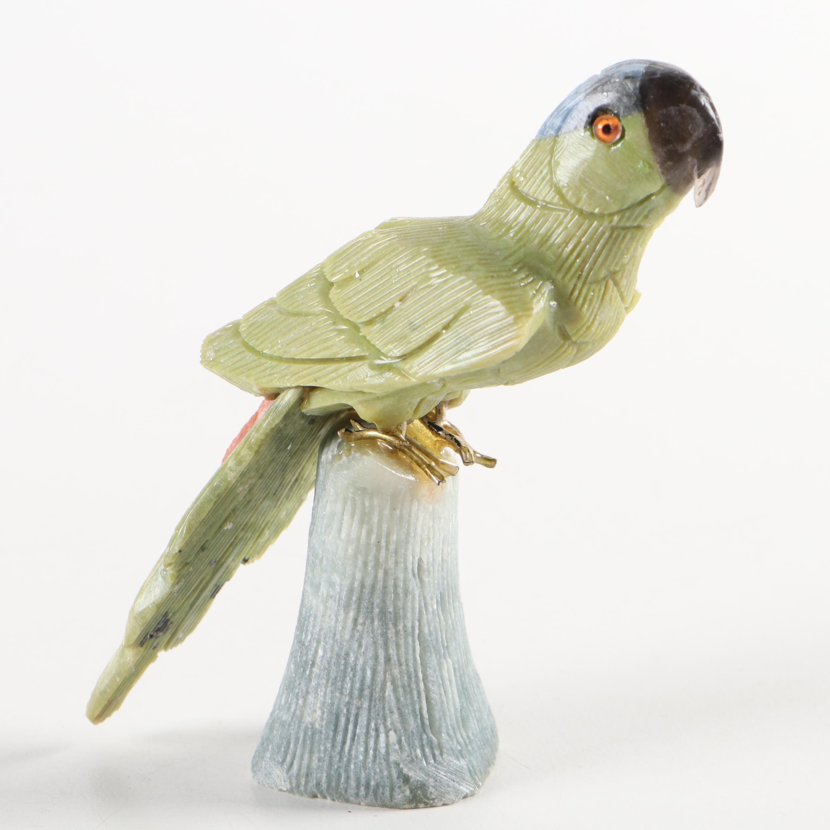 Peruvian Hand-Carved Stone Toucan, Parrots, and Cockatoo Figurines