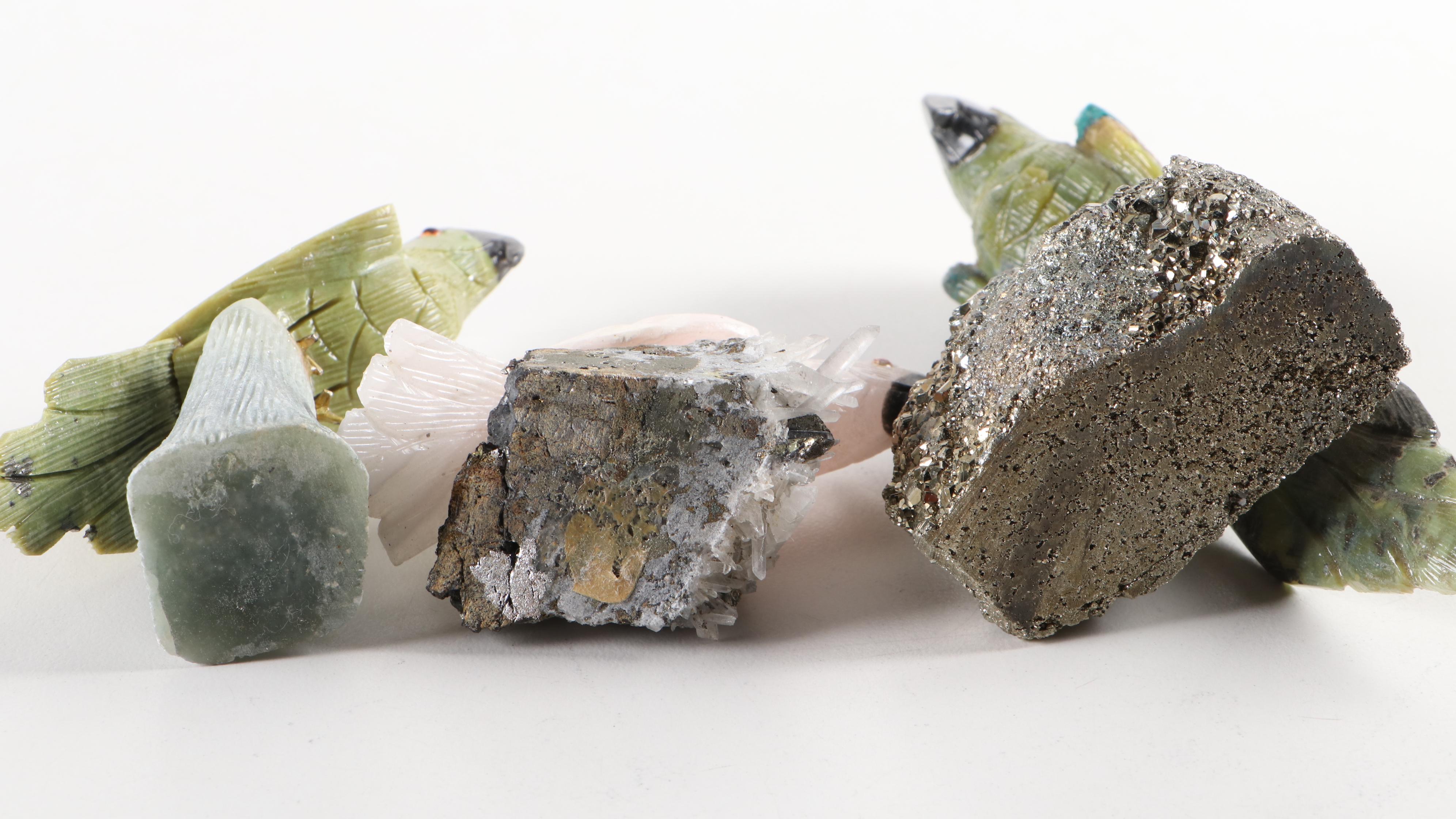 Peruvian Hand-Carved Stone Toucan, Parrots, and Cockatoo Figurines