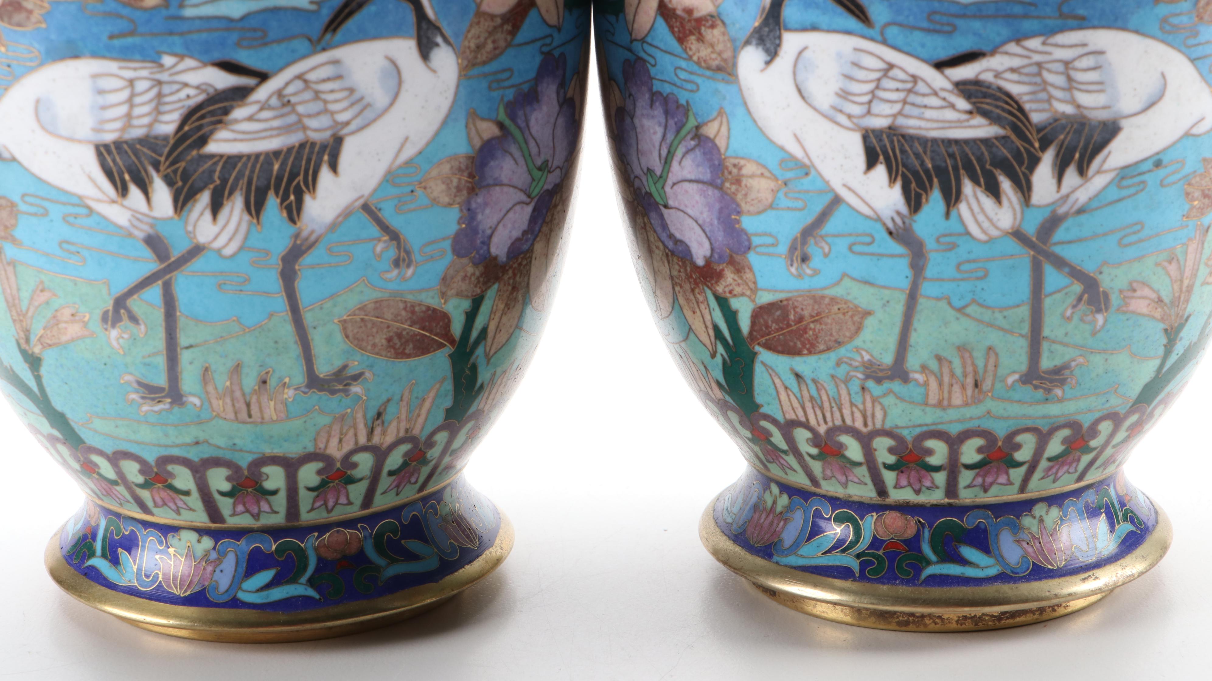 Pair of Chinese Cloisonné Enamel and Brass Crane Vases