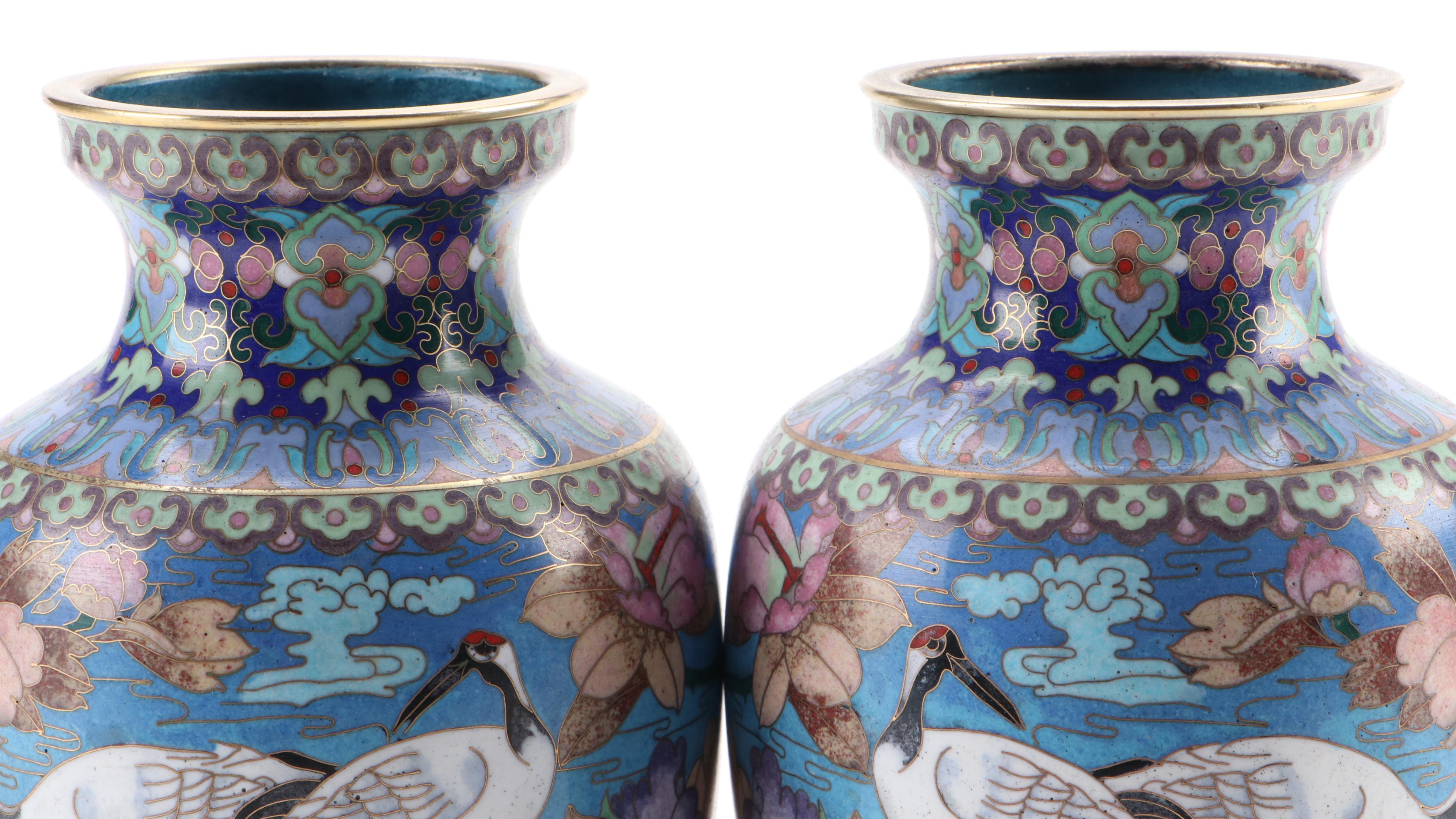 Pair of Chinese Cloisonné Enamel and Brass Crane Vases