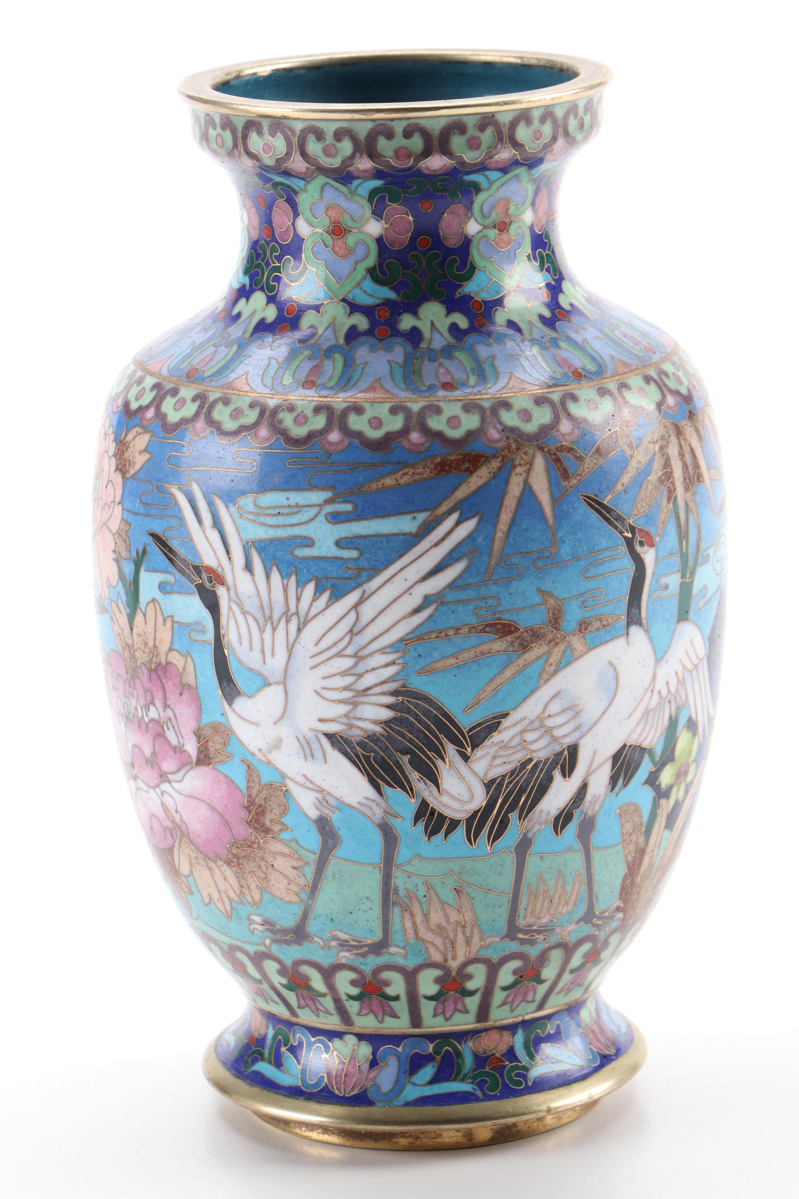 Pair of Chinese Cloisonné Enamel and Brass Crane Vases