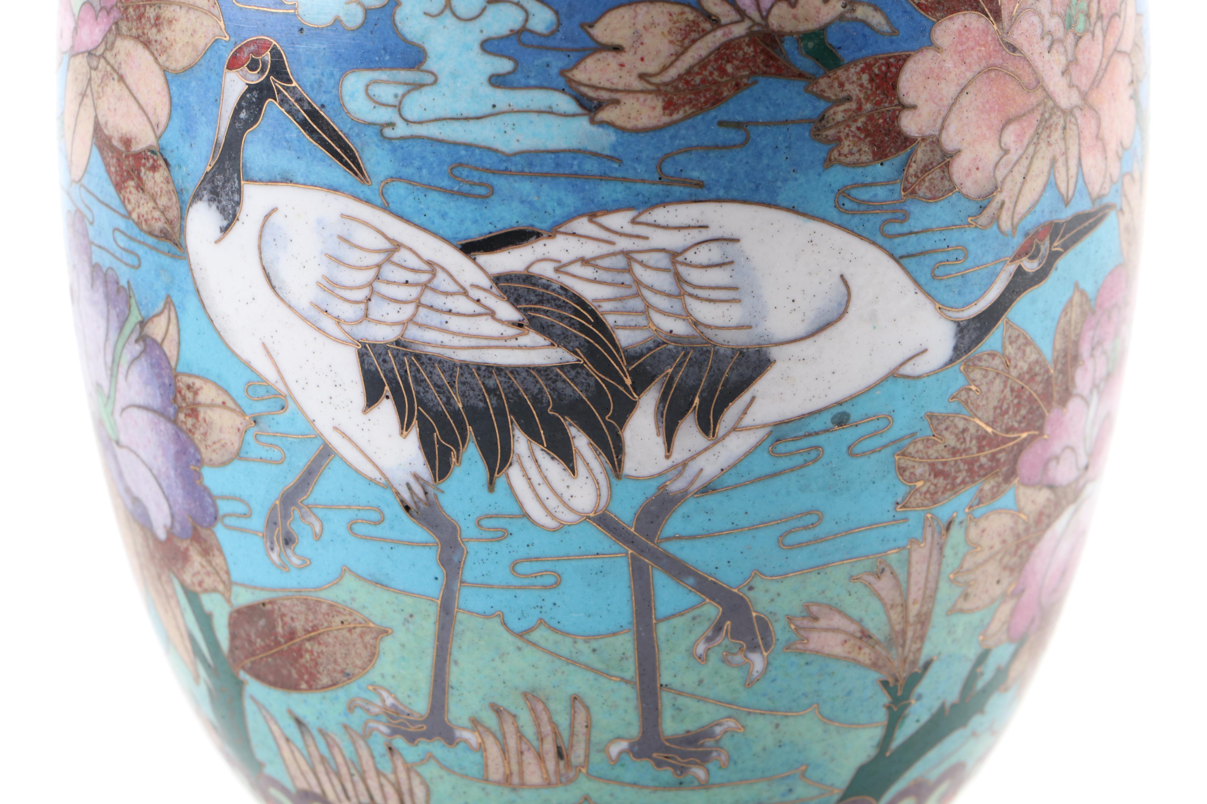 Pair of Chinese Cloisonné Enamel and Brass Crane Vases