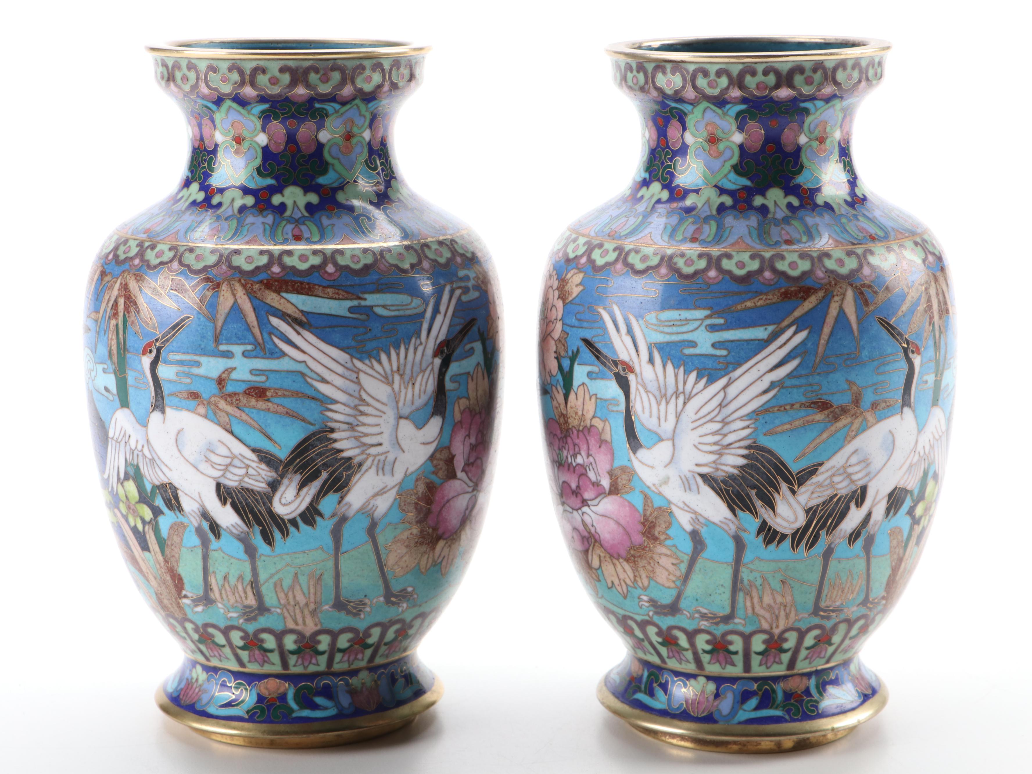 Pair of Chinese Cloisonné Enamel and Brass Crane Vases