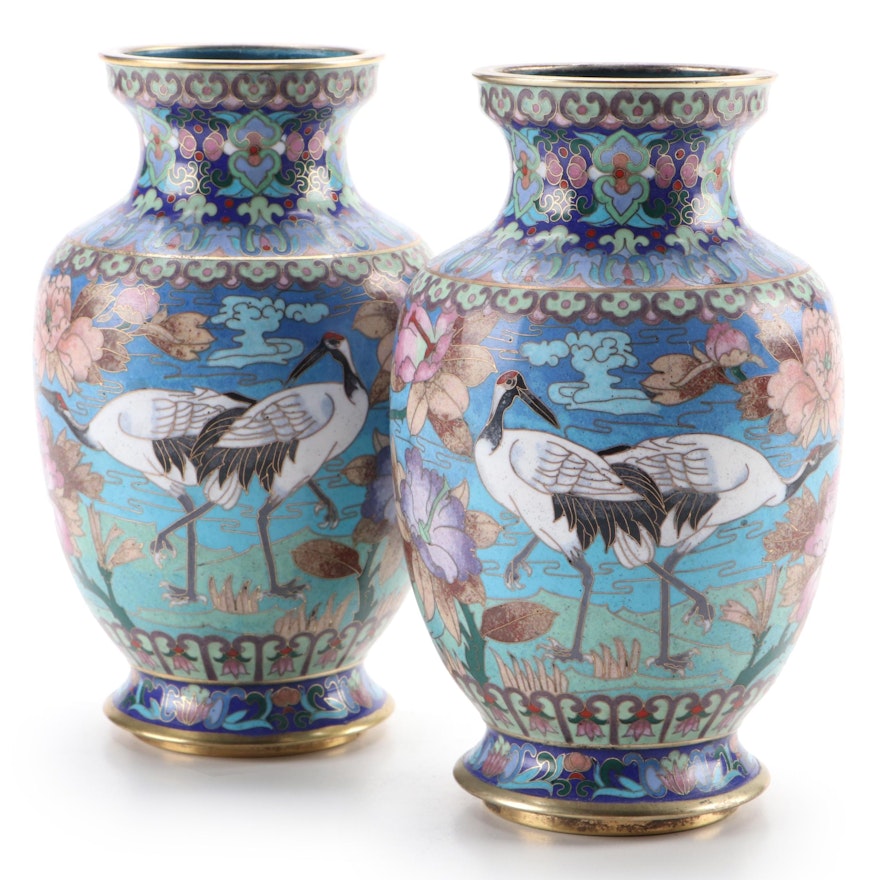 Pair of Chinese Cloisonné Enamel and Brass Crane Vases