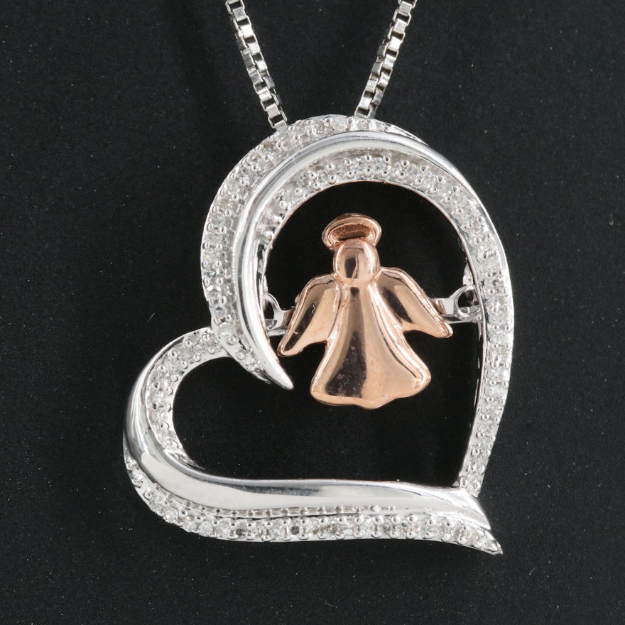 Sterling Diamond Heart with Angel Tremble Pendant Necklace and 10K Accents