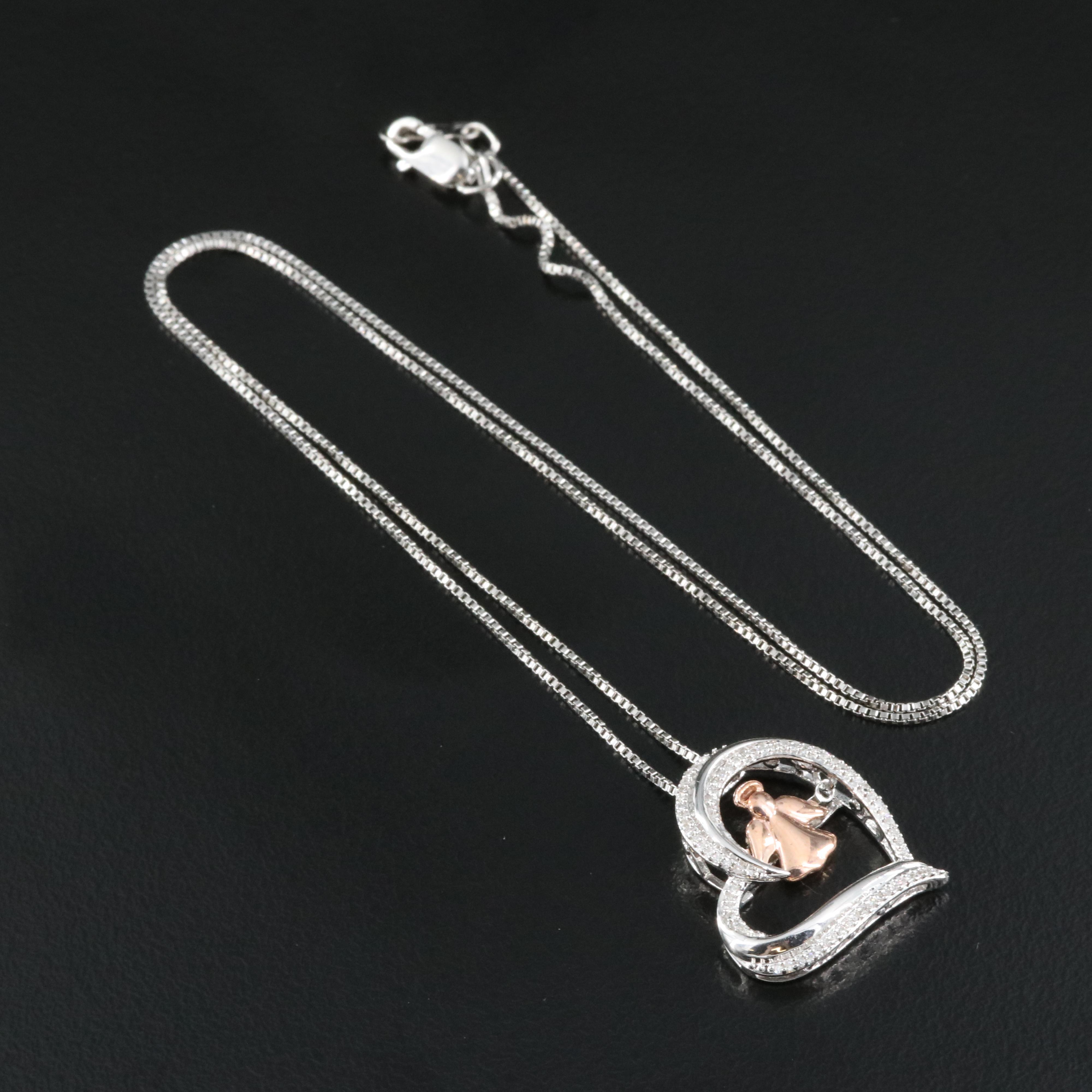 Sterling Diamond Heart with Angel Tremble Pendant Necklace and 10K Accents