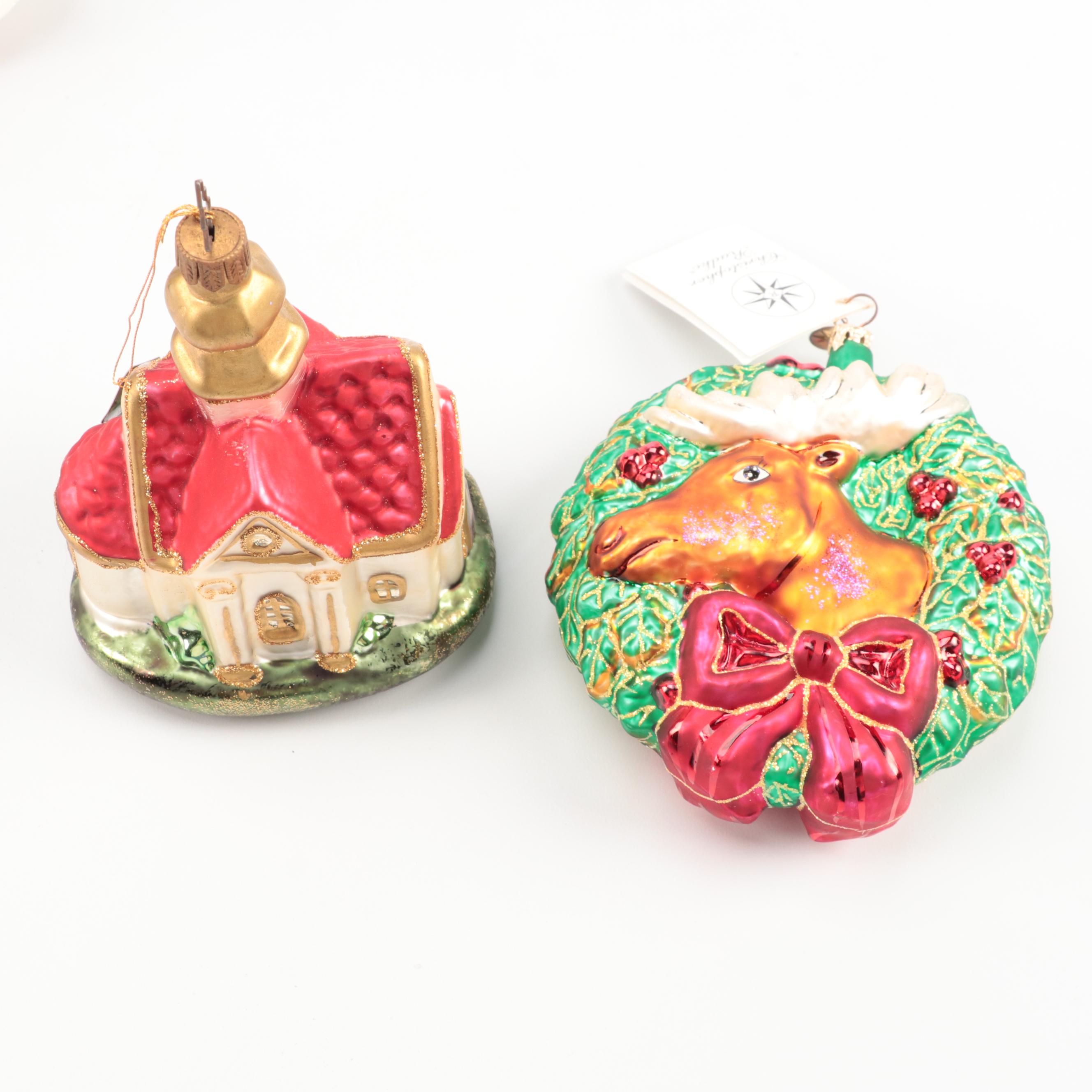 Christopher Radko Blown Glass Santa and Wreath Ornaments With Other Ornaments