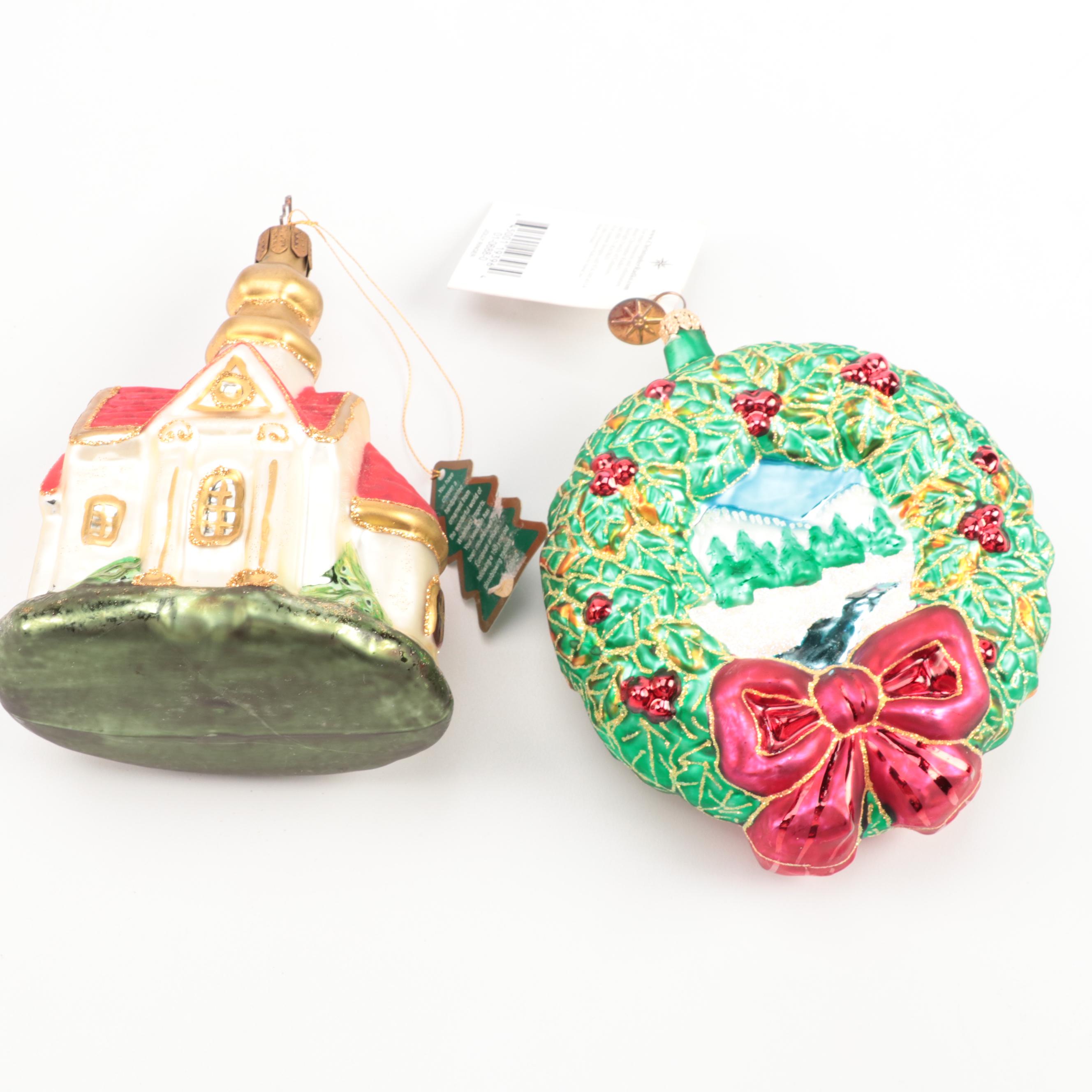 Christopher Radko Blown Glass Santa and Wreath Ornaments With Other Ornaments