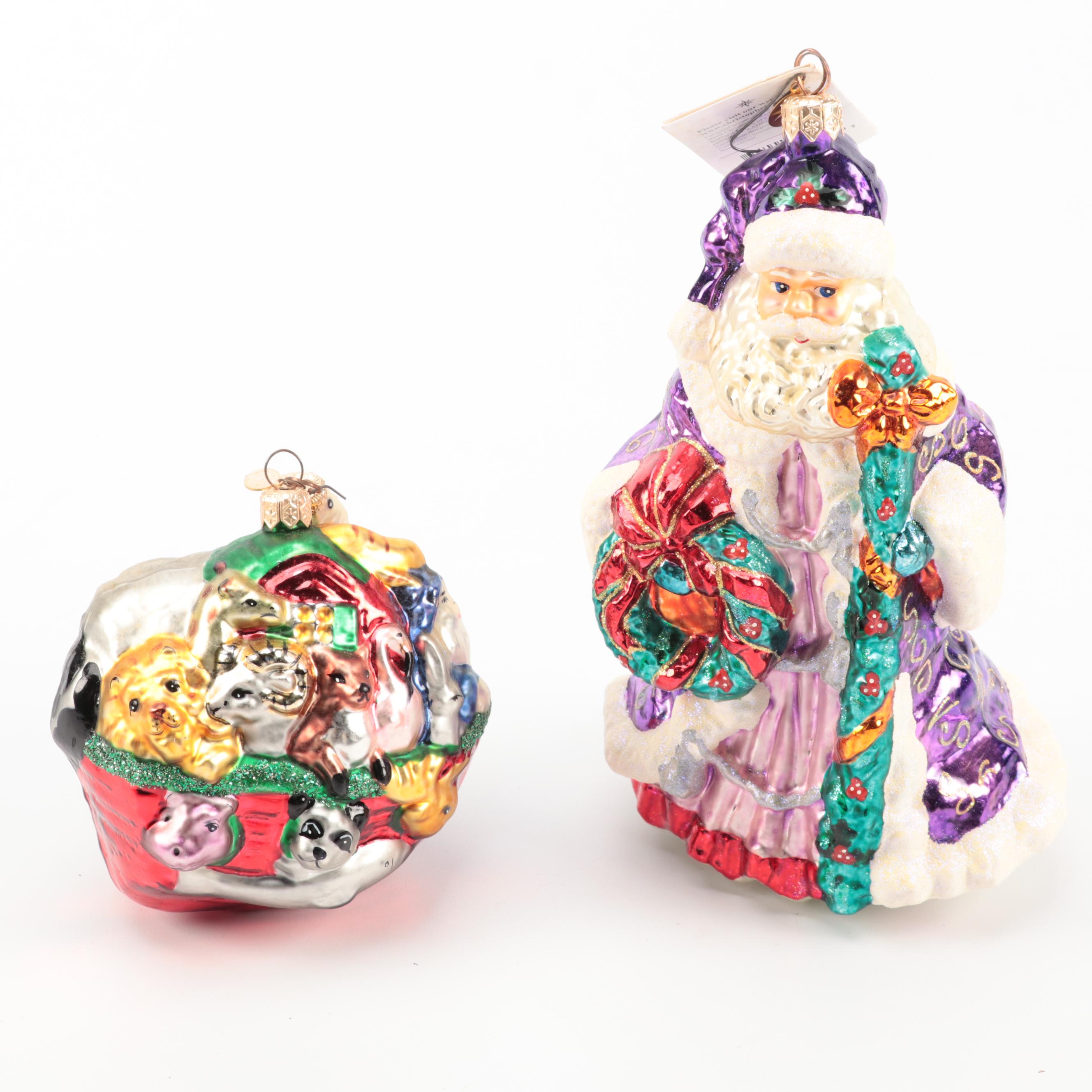 Christopher Radko Blown Glass Santa and Wreath Ornaments With Other Ornaments