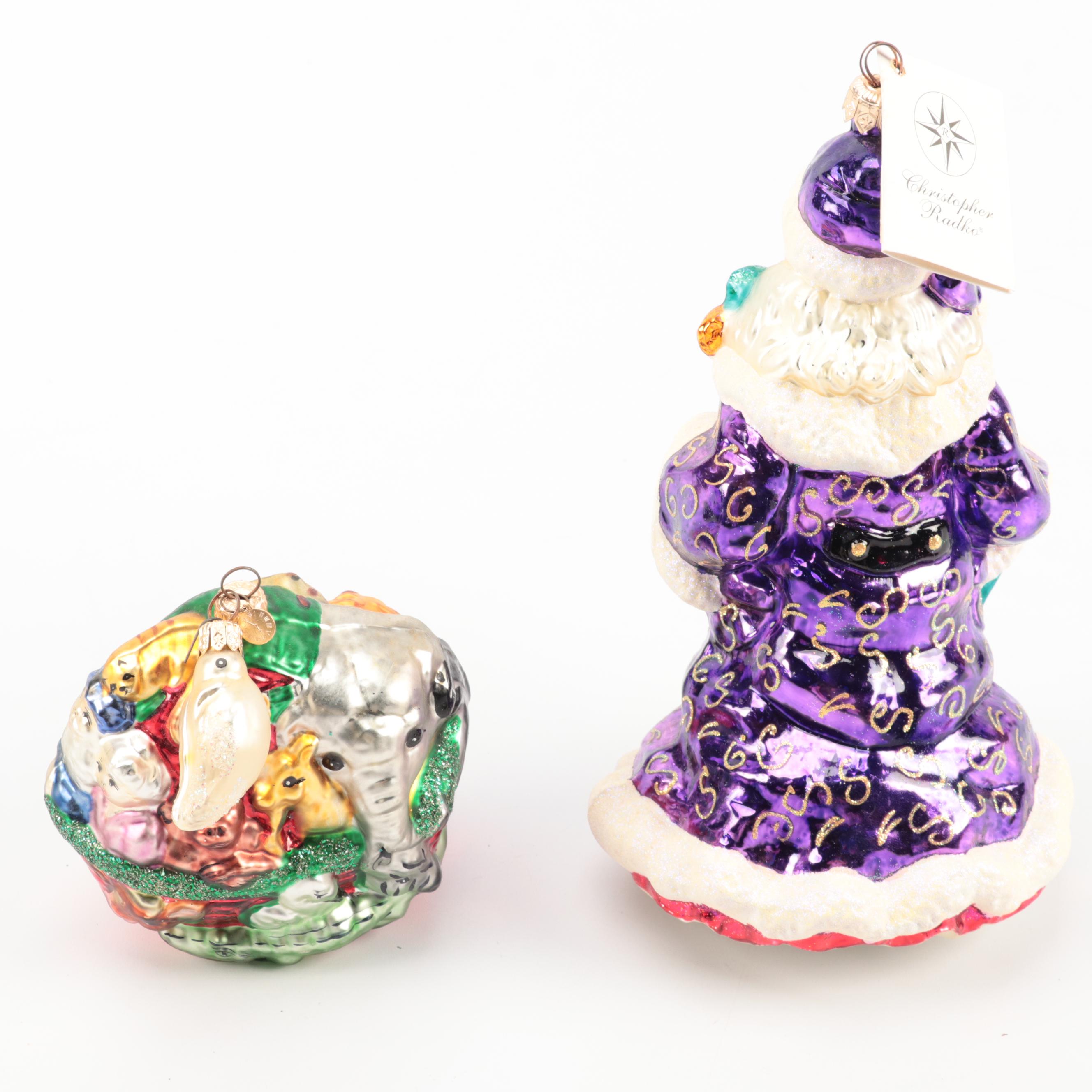 Christopher Radko Blown Glass Santa and Wreath Ornaments With Other Ornaments