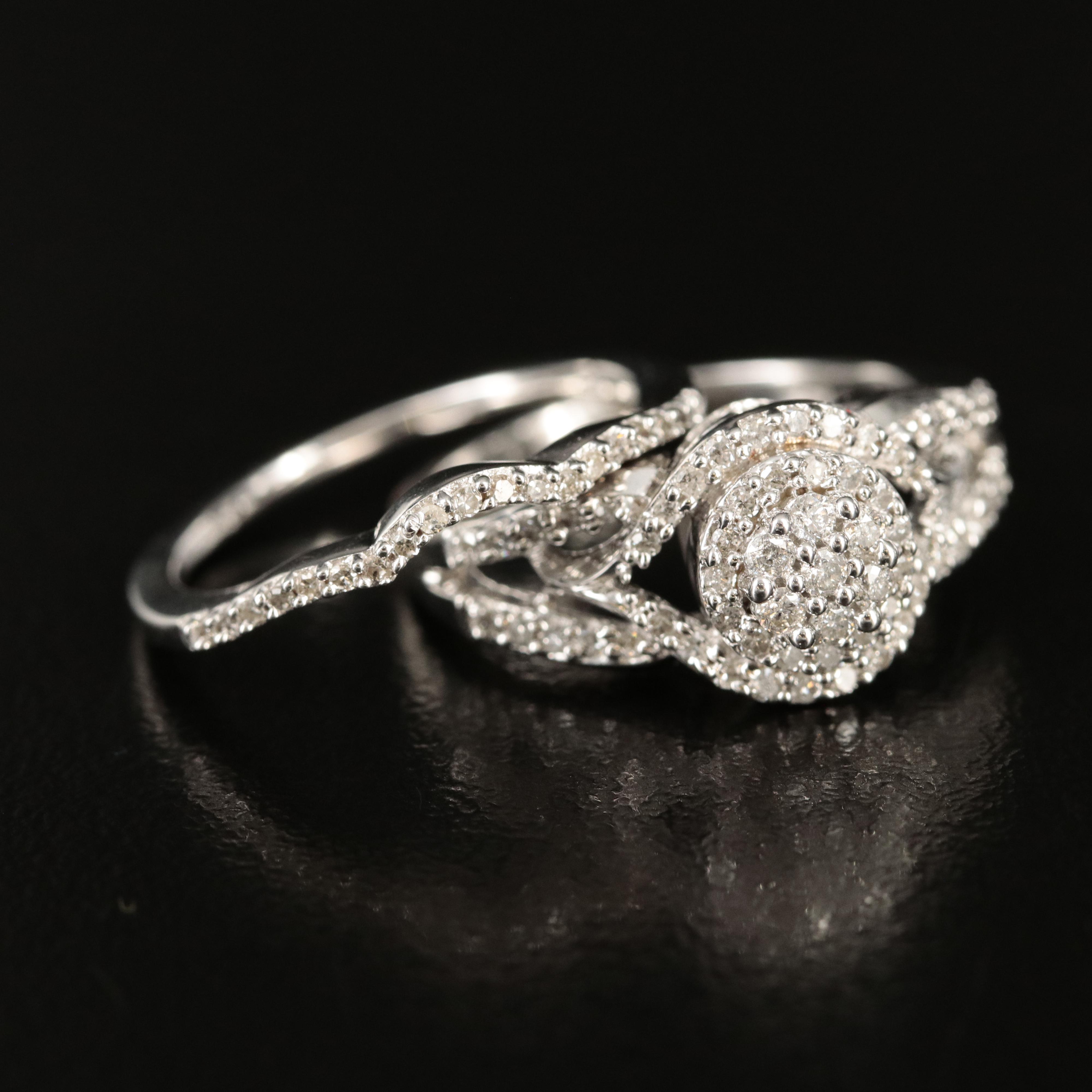 Sterling Diamond Ring and Contoured Band Set