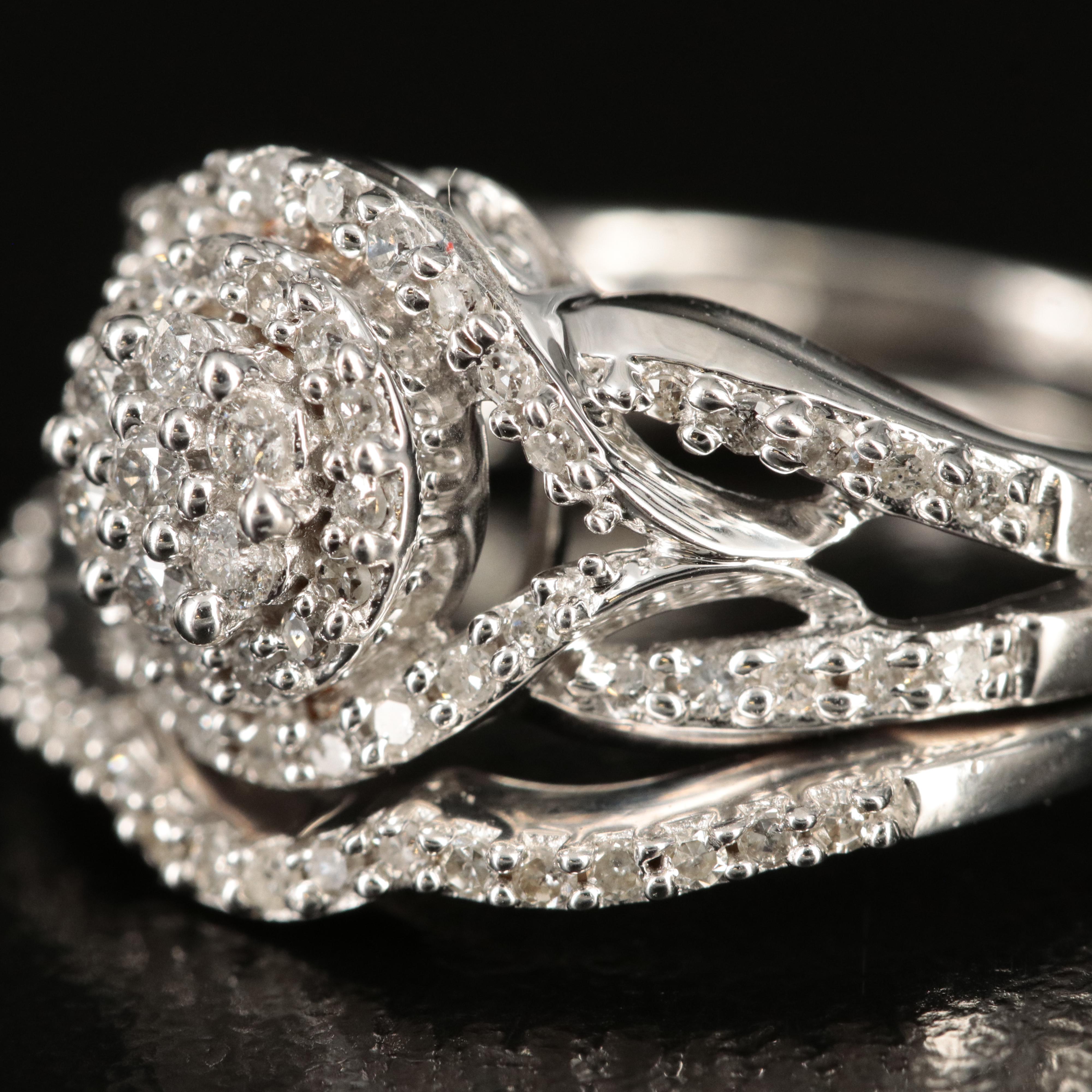 Sterling Diamond Ring and Contoured Band Set