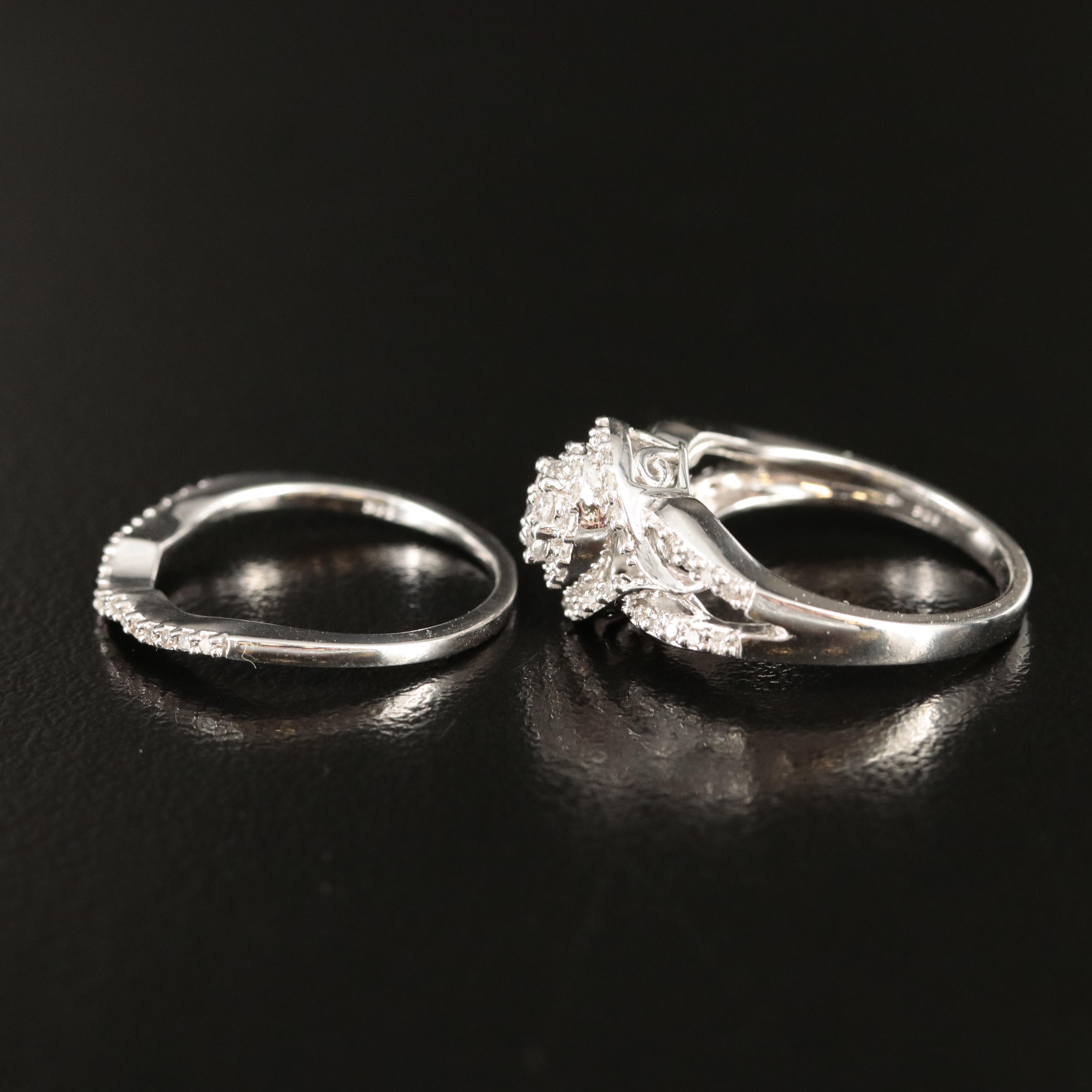 Sterling Diamond Ring and Contoured Band Set