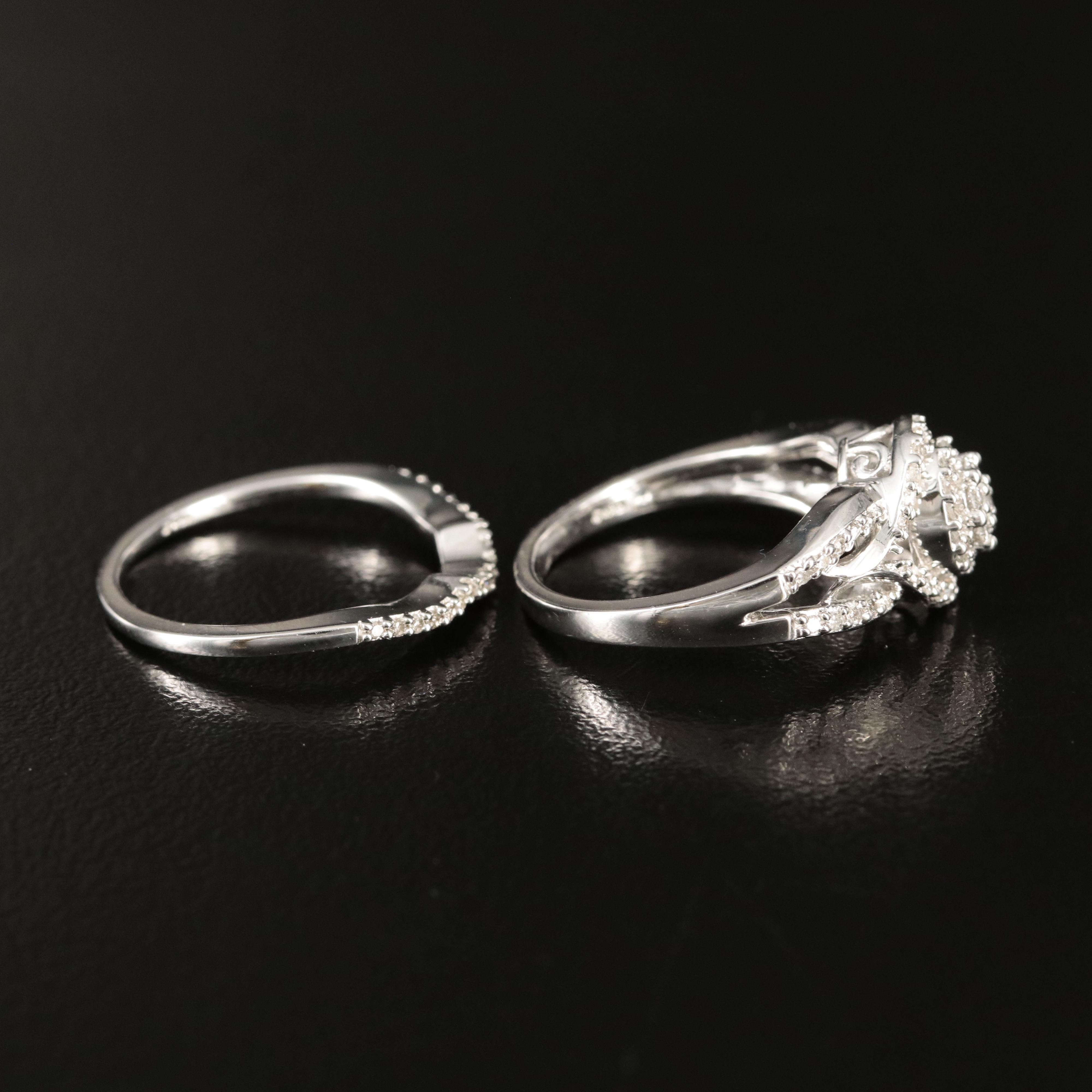 Sterling Diamond Ring and Contoured Band Set