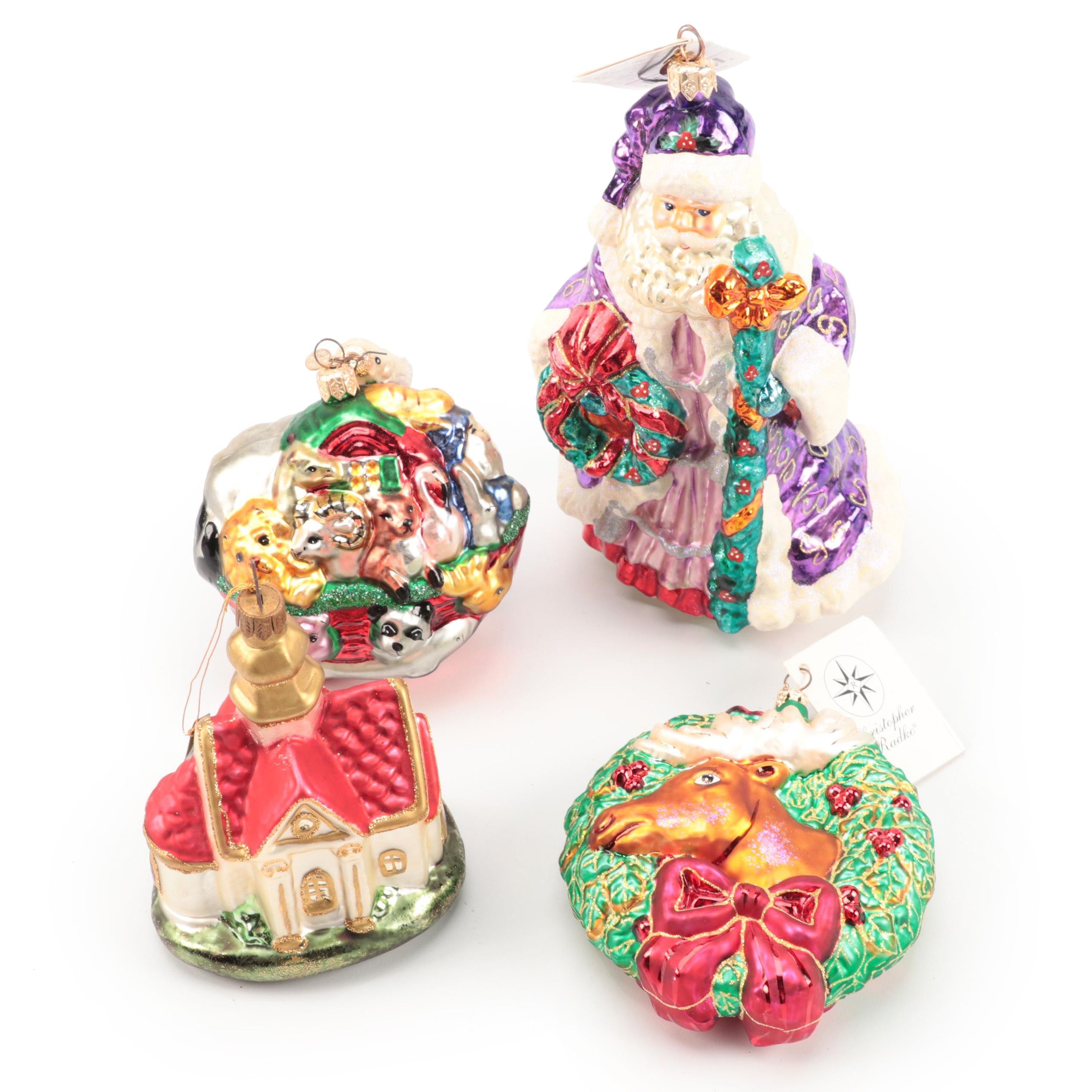Christopher Radko Blown Glass Santa and Wreath Ornaments With Other Ornaments