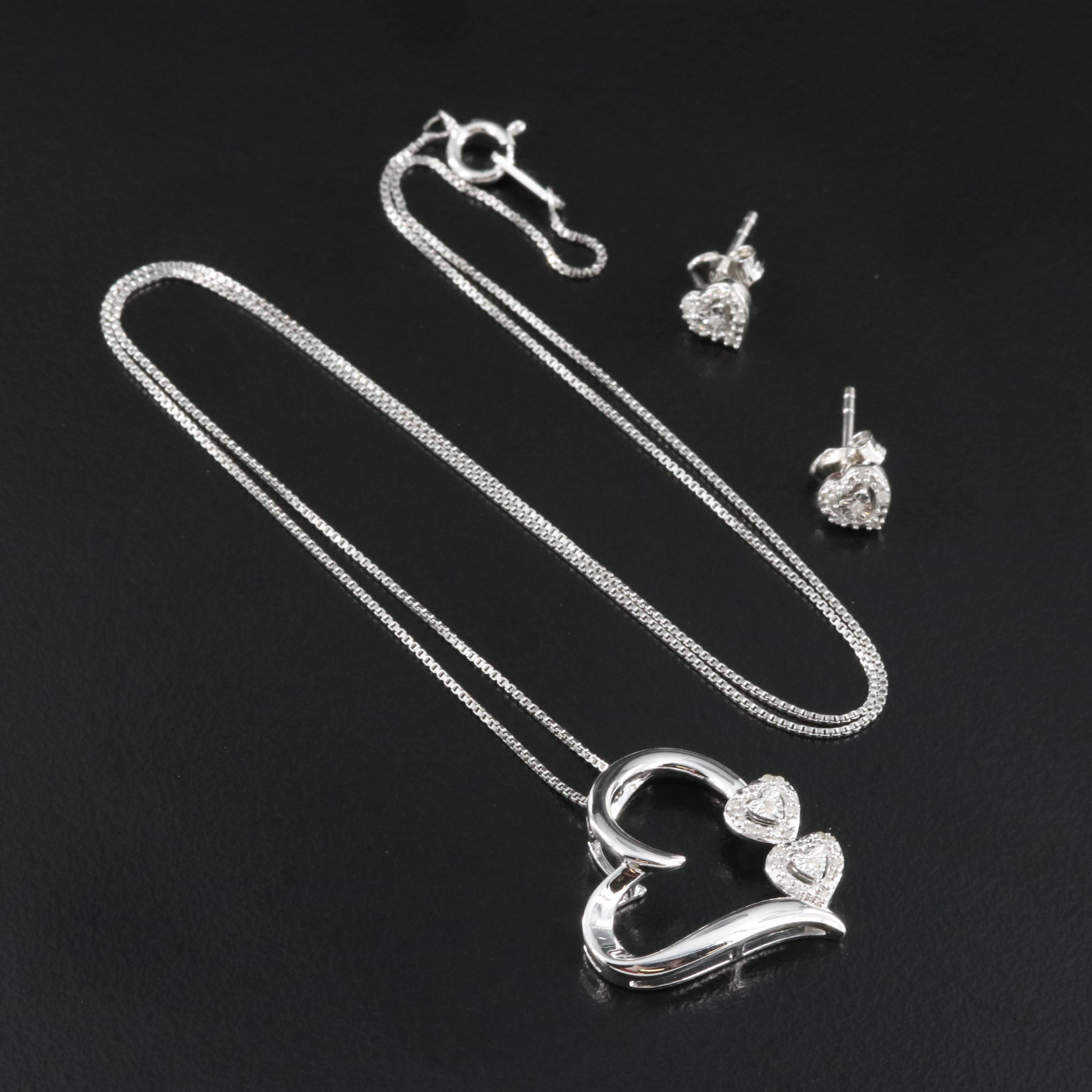 Sterling Diamond Heart Pendant Necklace and Stud Earrings