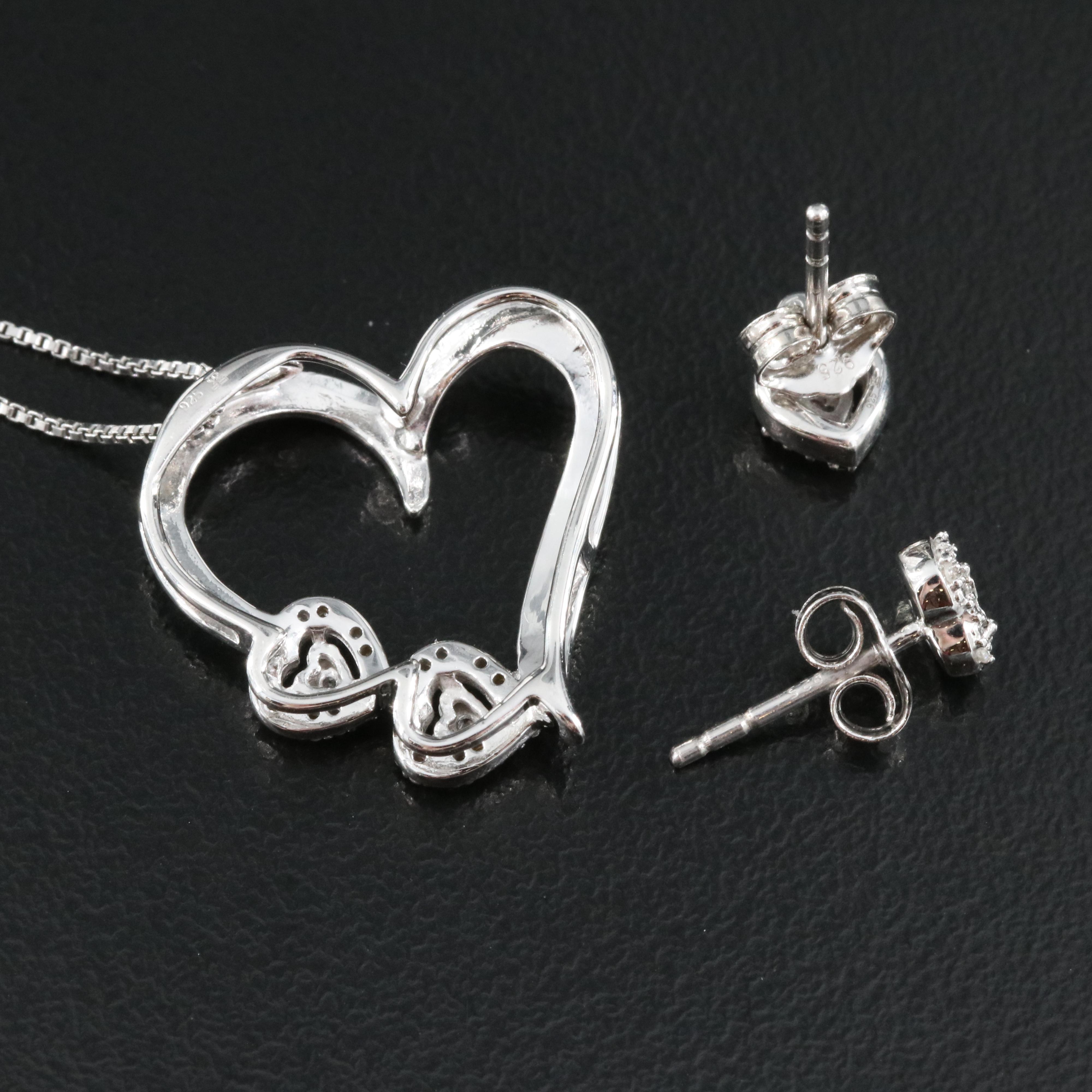 Sterling Diamond Heart Pendant Necklace and Stud Earrings