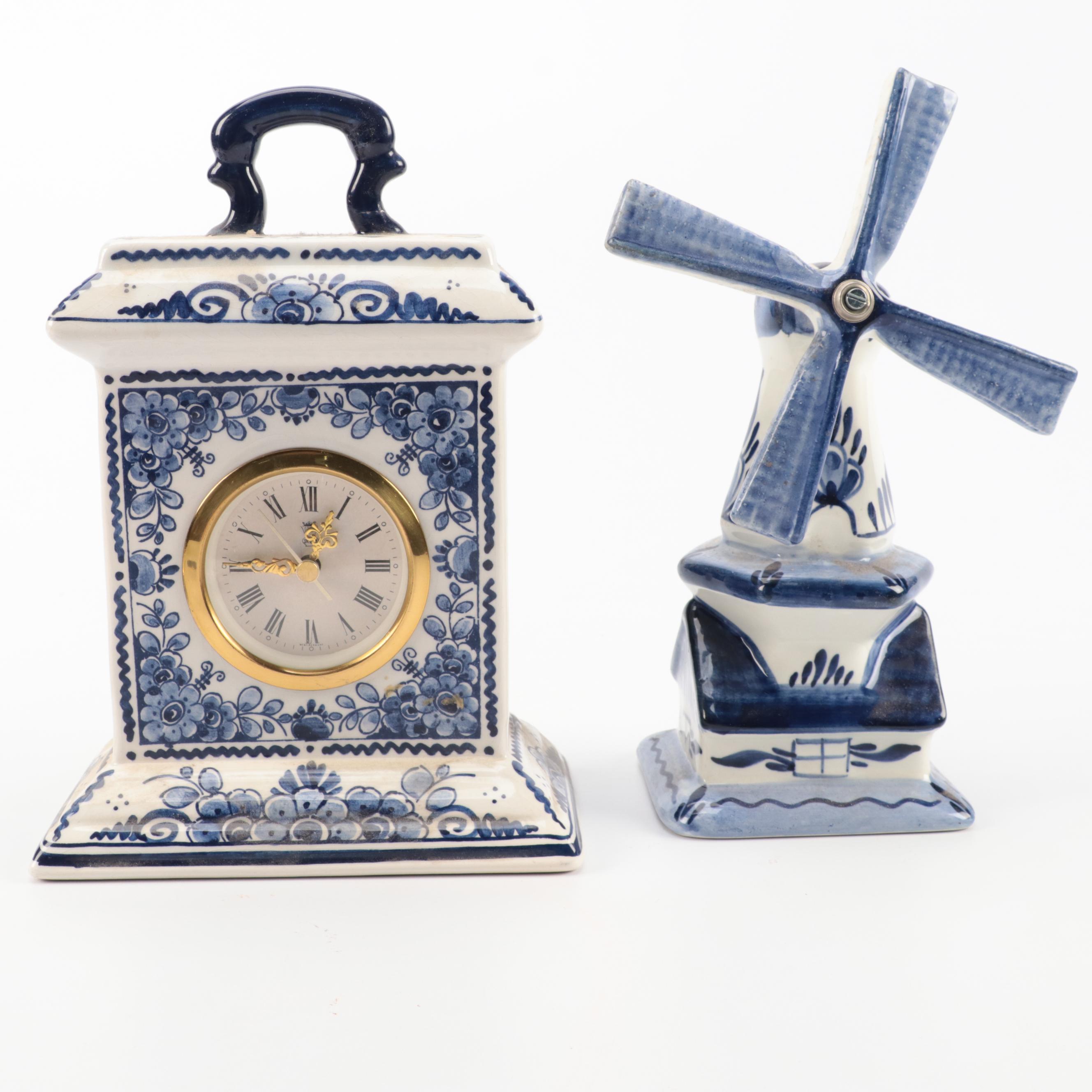 Delft Clock with Windmill Figurine, Tray and More with Staffordshire Pottery