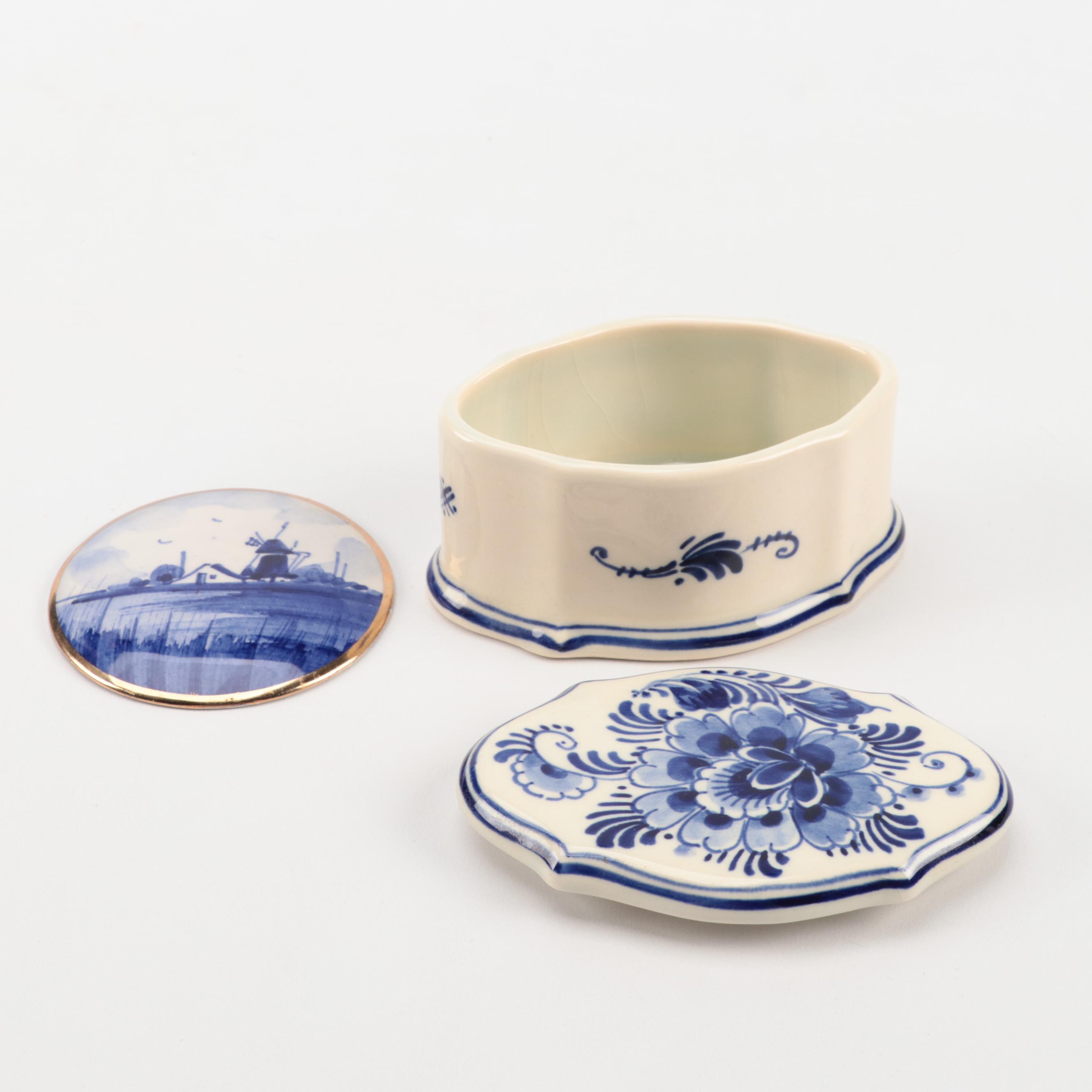 Delft Clock with Windmill Figurine, Tray and More with Staffordshire Pottery