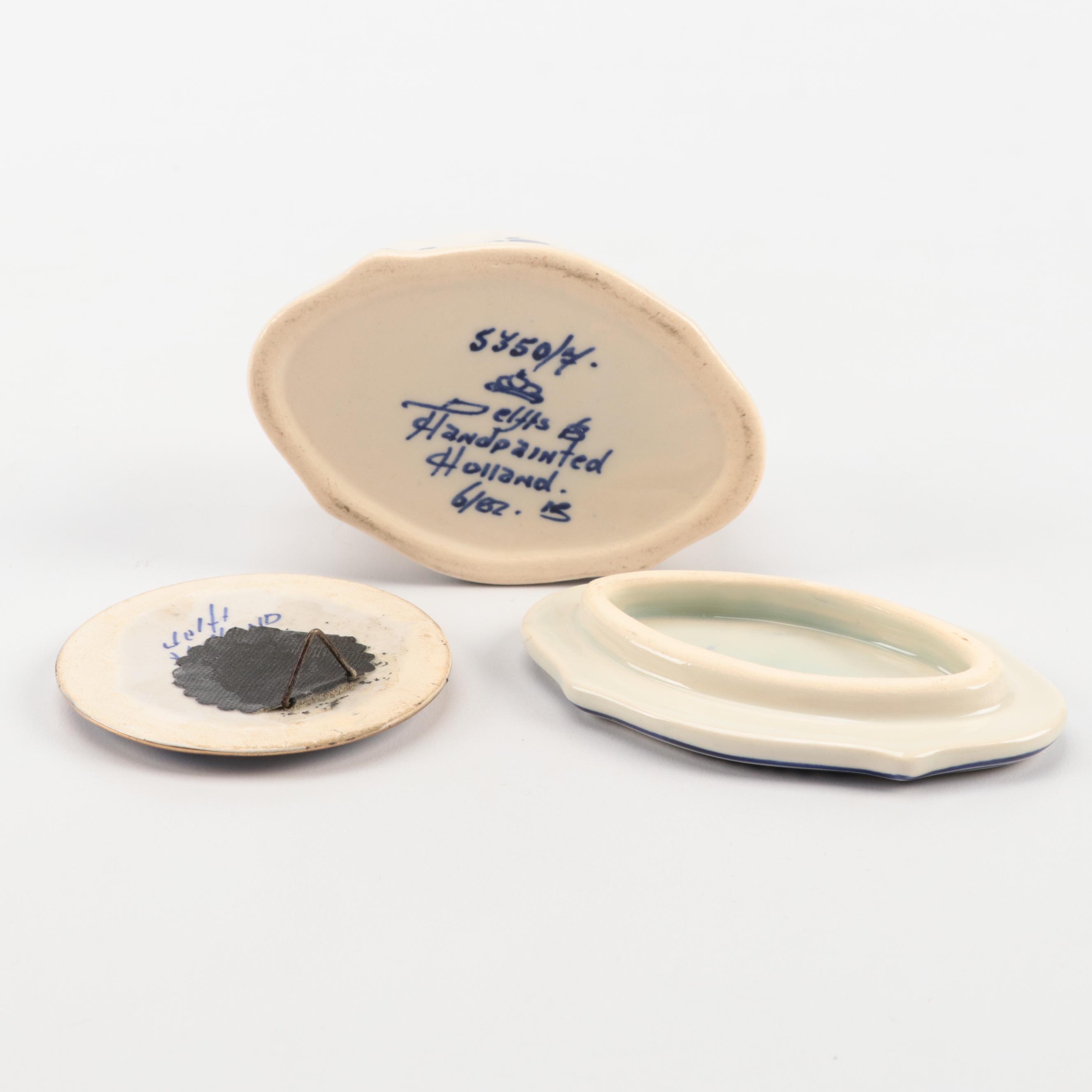 Delft Clock with Windmill Figurine, Tray and More with Staffordshire Pottery