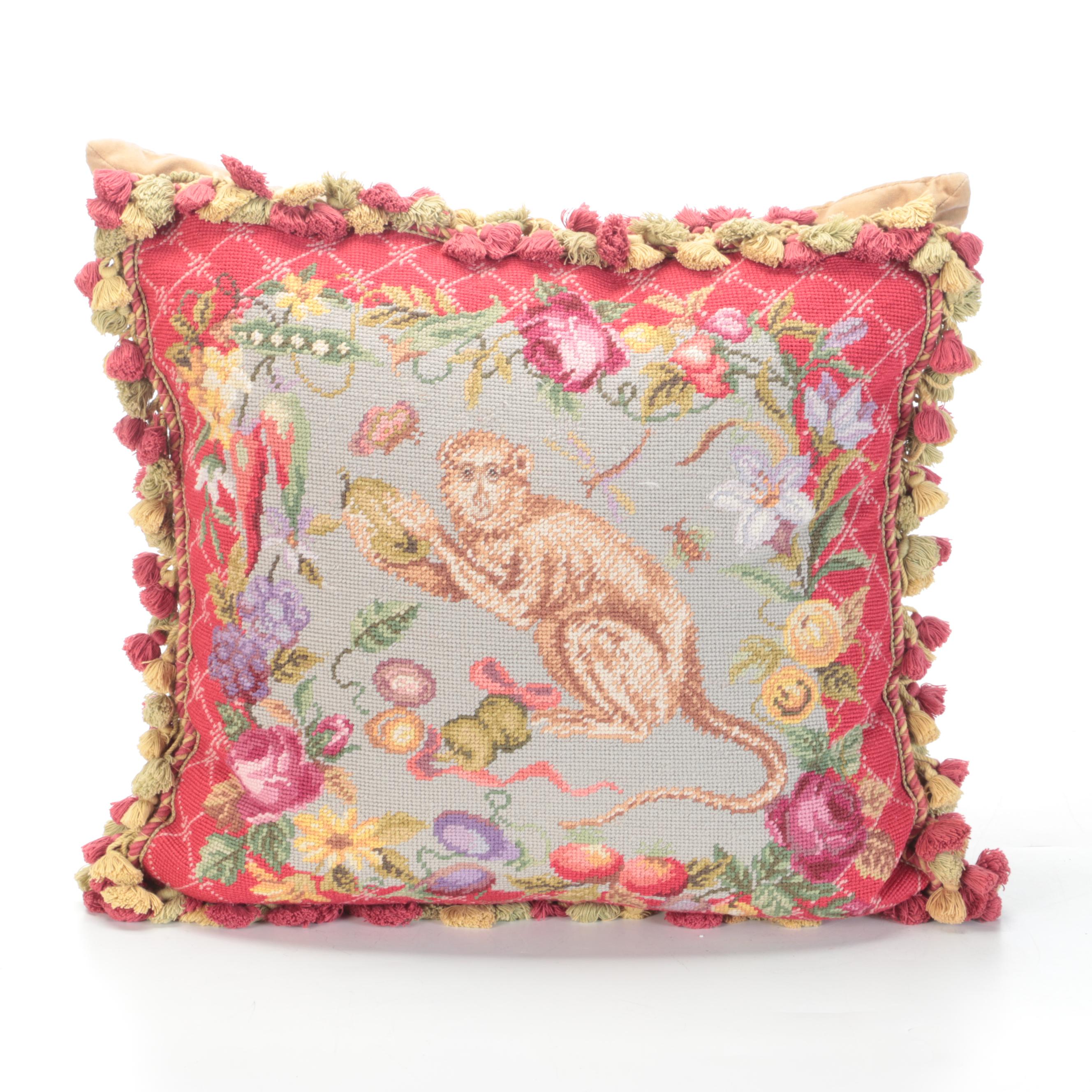 Needlepoint Faced Throw Pillows With Tassel Trim