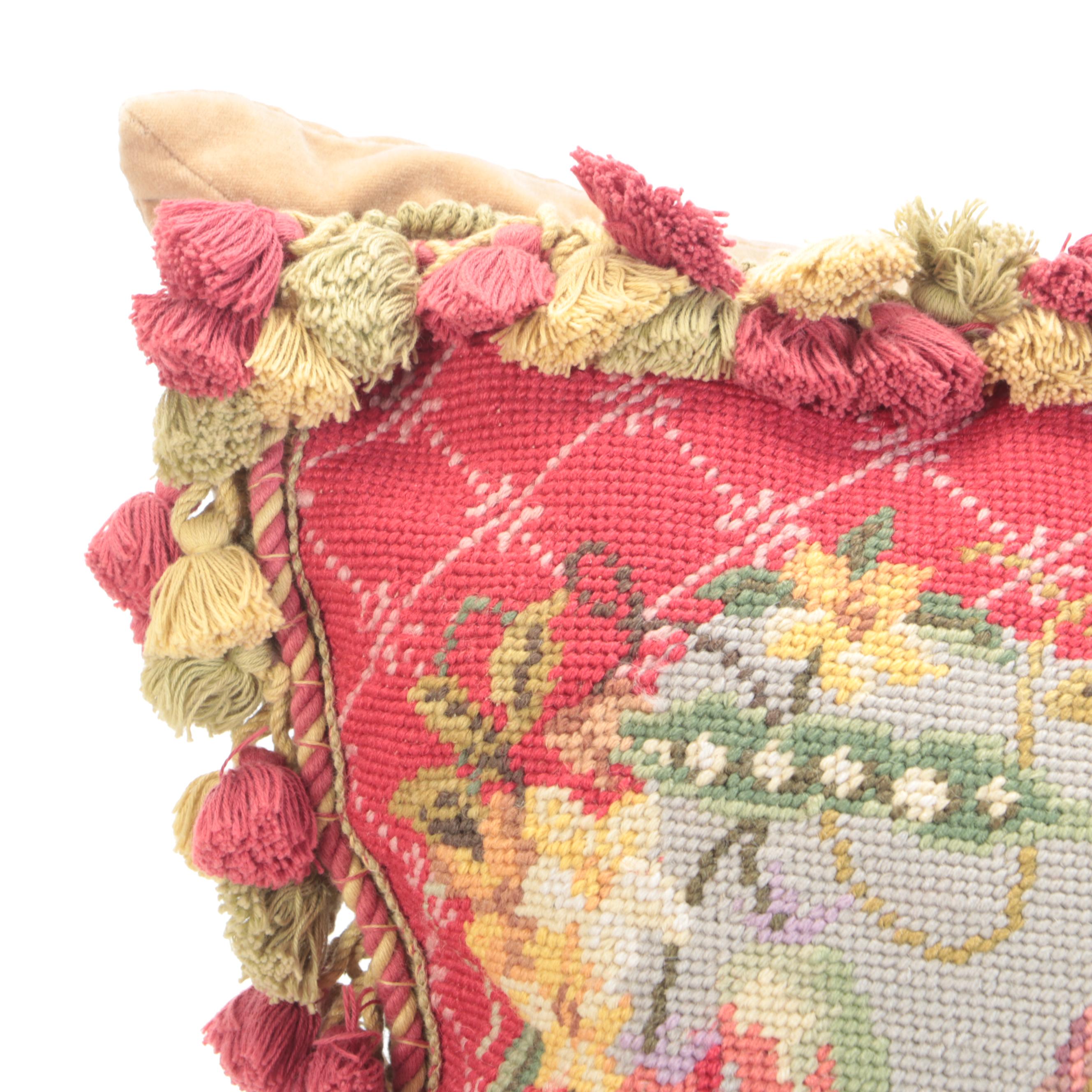 Needlepoint Faced Throw Pillows With Tassel Trim