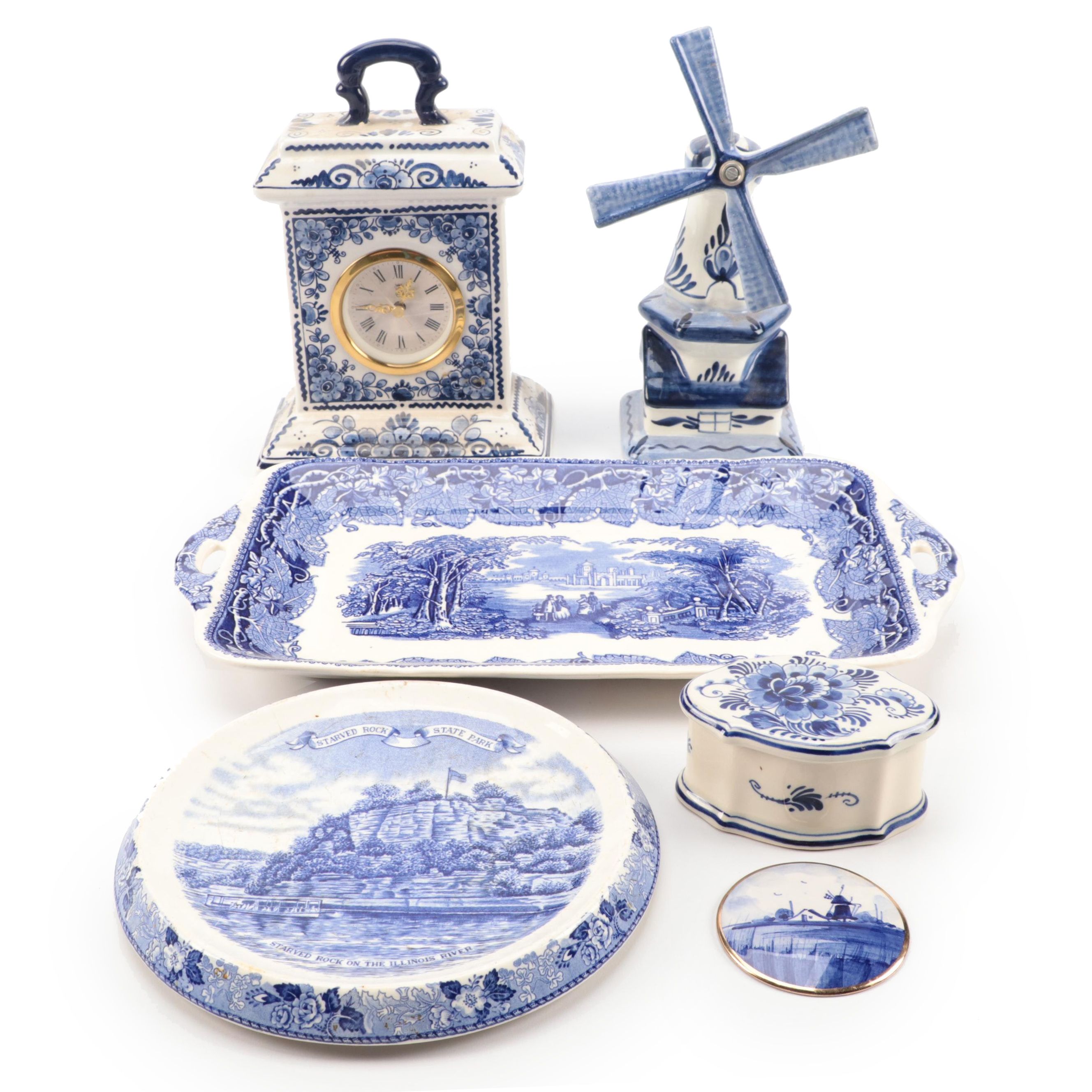 Delft Clock with Windmill Figurine, Tray and More with Staffordshire Pottery