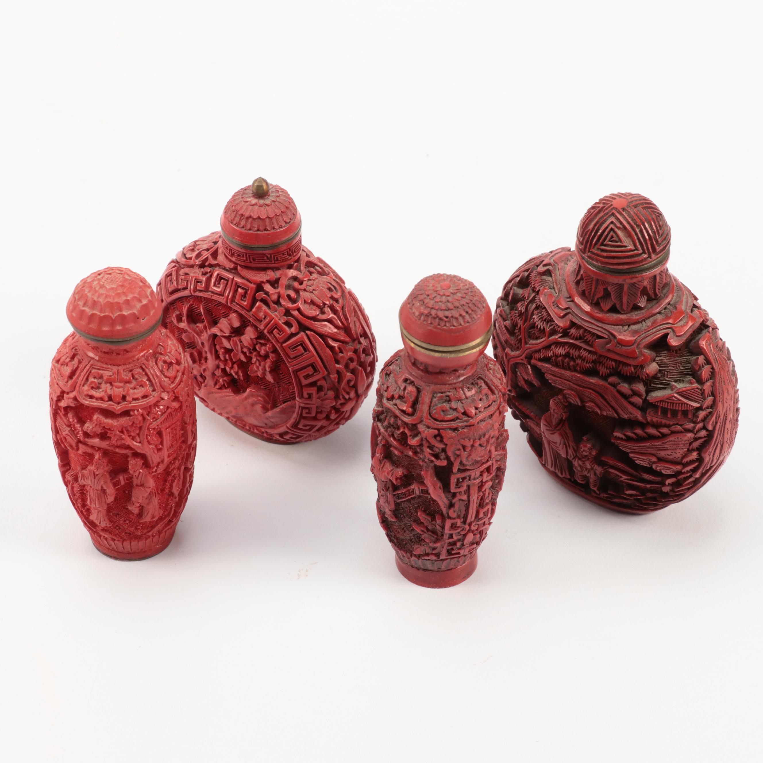 Chinese Carved Cinnabar Lacquer and Resin Snuff Bottles, Vases and More