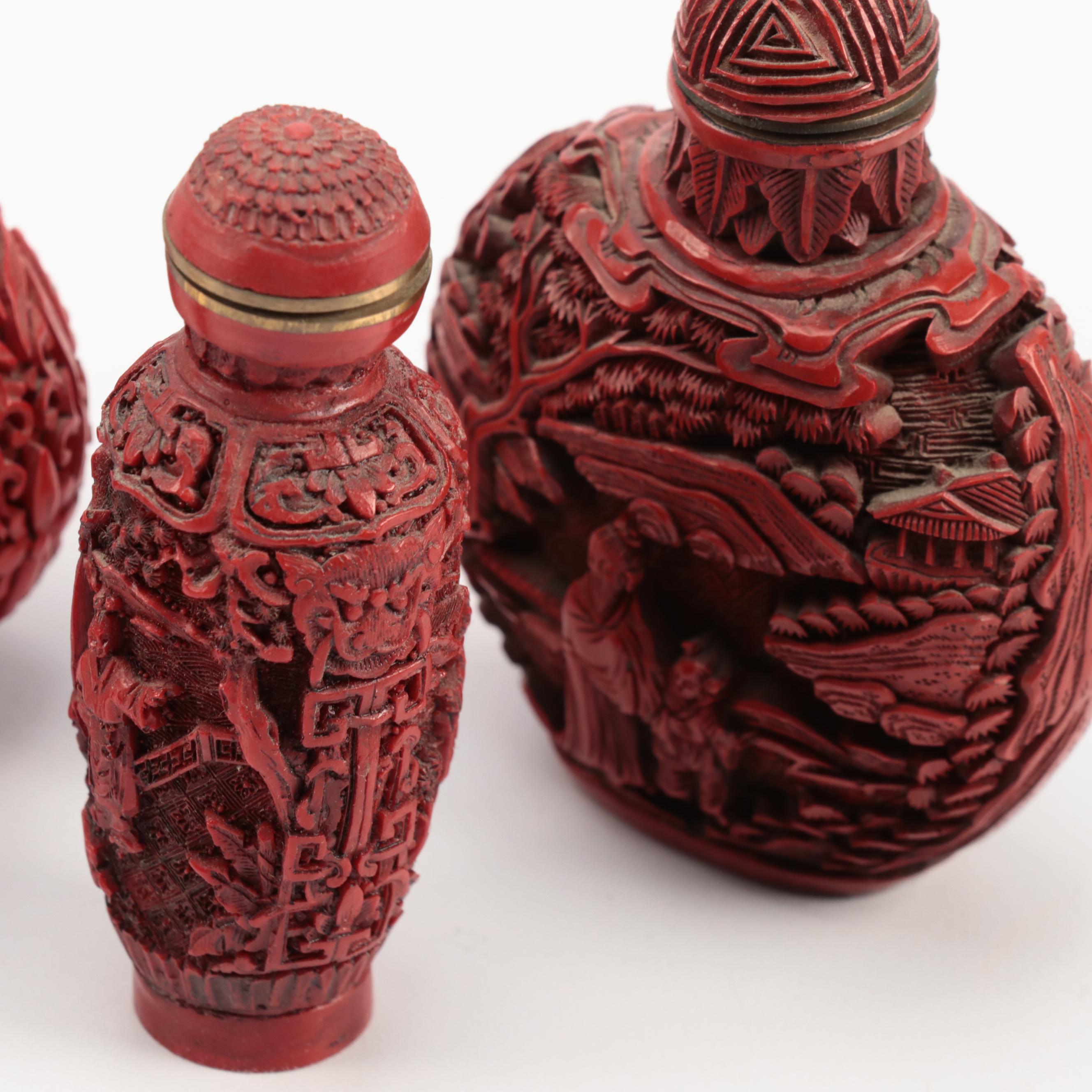 Chinese Carved Cinnabar Lacquer and Resin Snuff Bottles, Vases and More