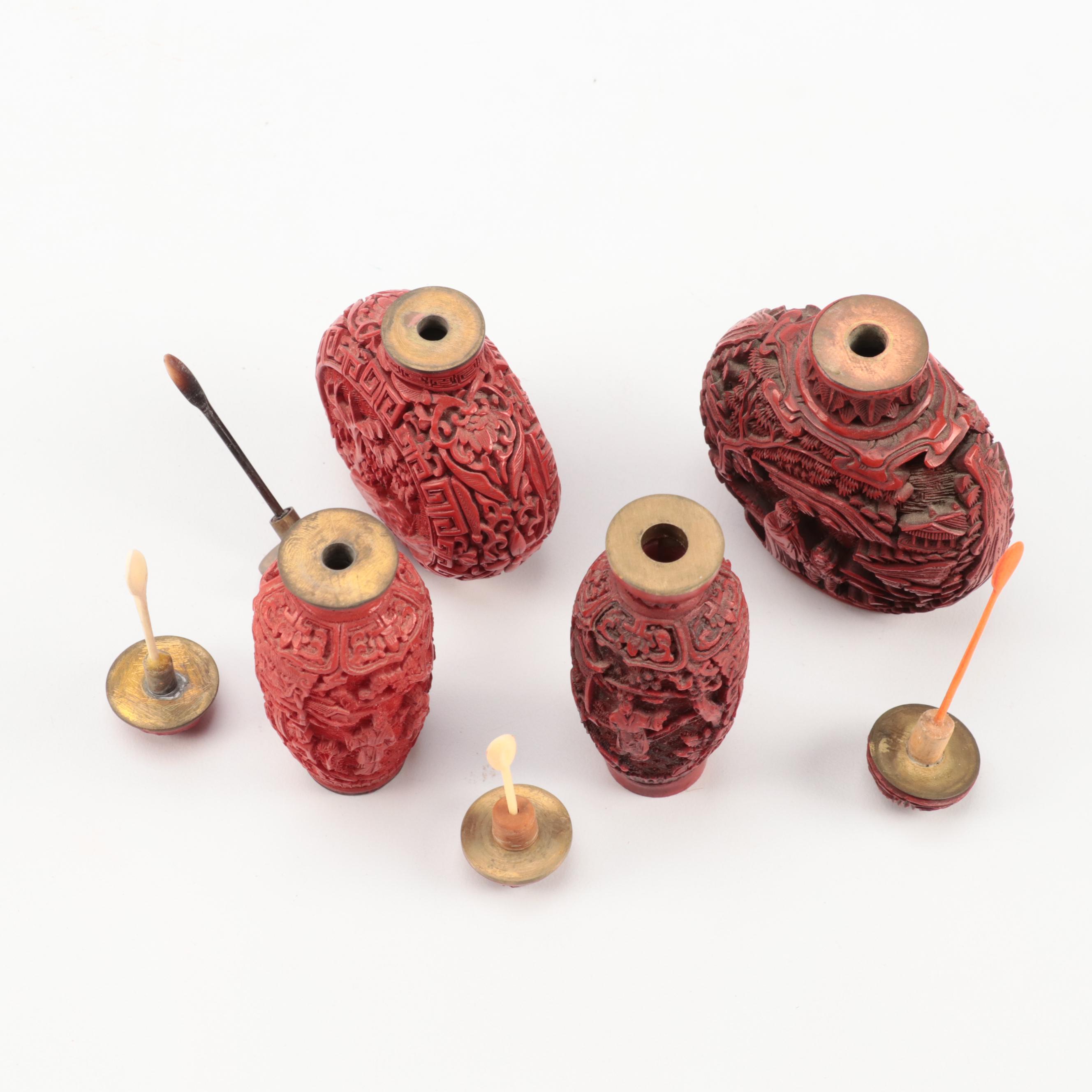 Chinese Carved Cinnabar Lacquer and Resin Snuff Bottles, Vases and More