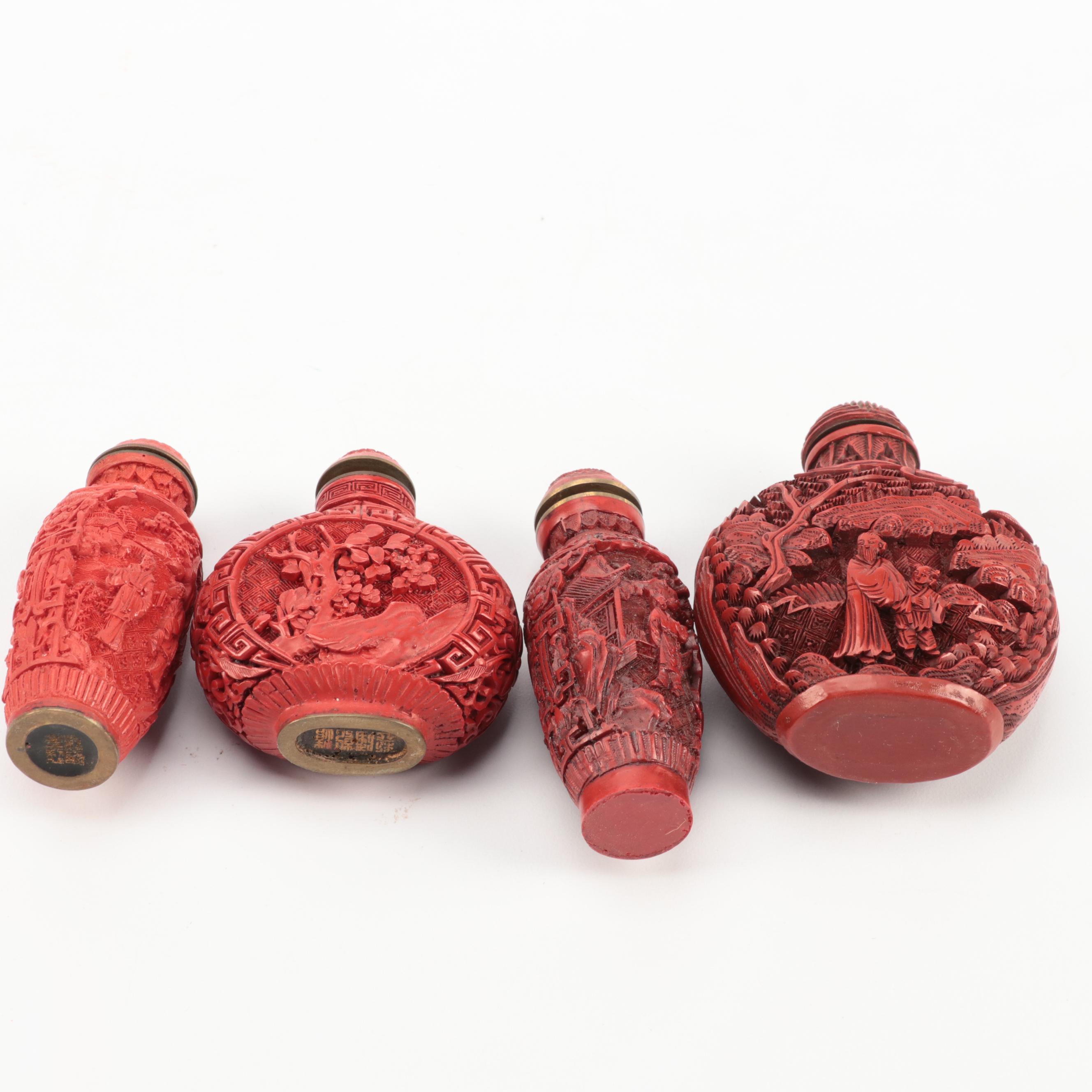 Chinese Carved Cinnabar Lacquer and Resin Snuff Bottles, Vases and More