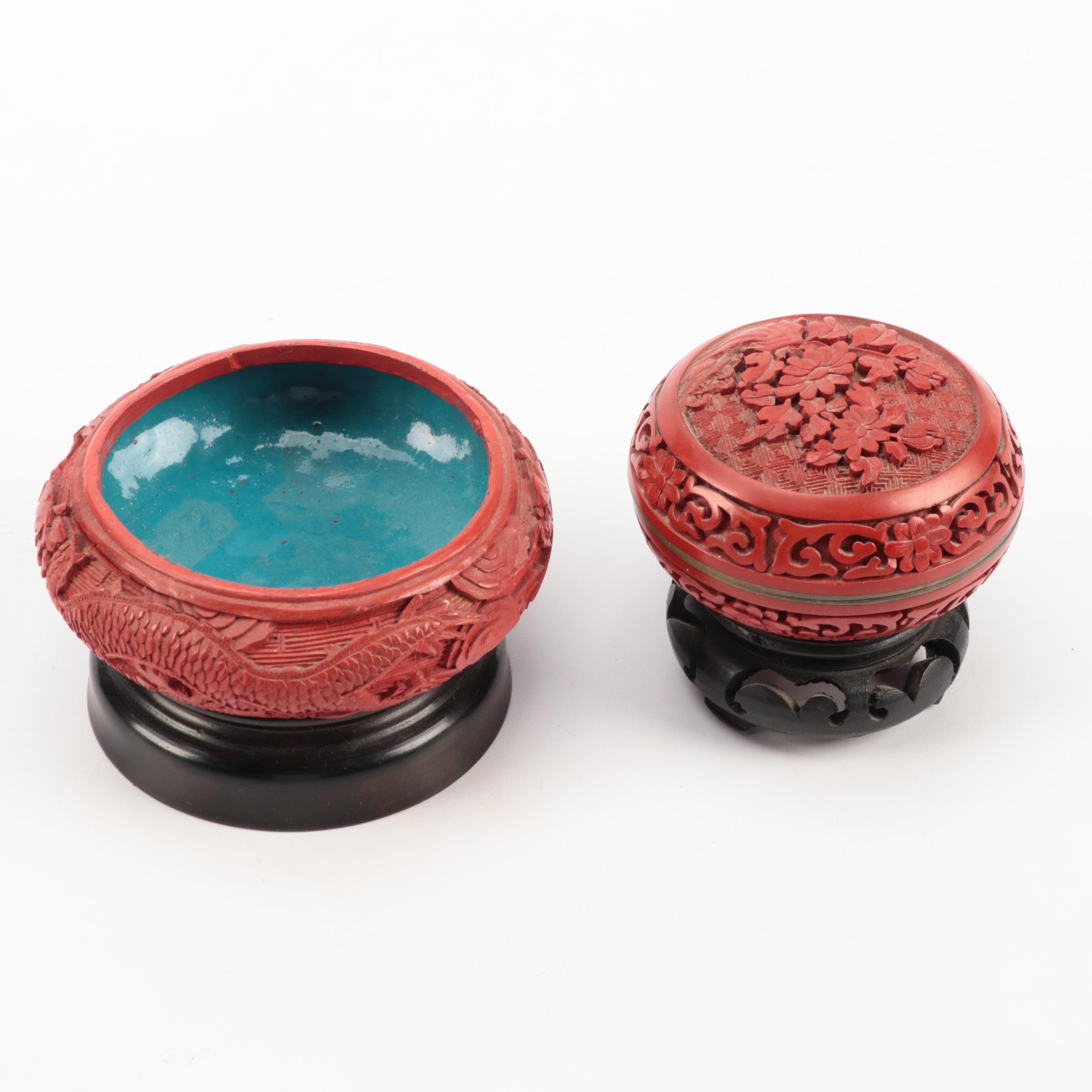 Chinese Carved Cinnabar Lacquer and Resin Snuff Bottles, Vases and More
