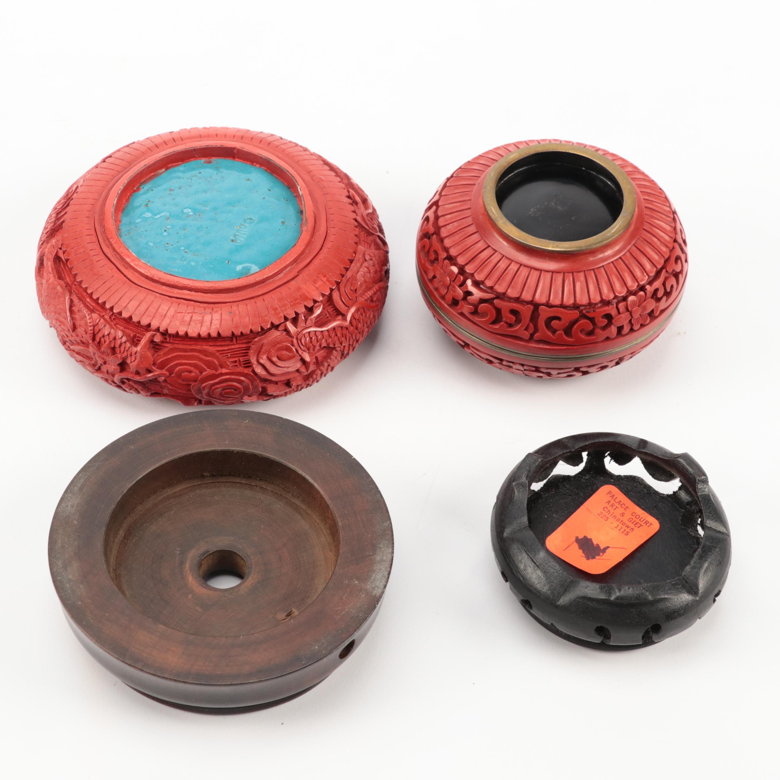 Chinese Carved Cinnabar Lacquer and Resin Snuff Bottles, Vases and More